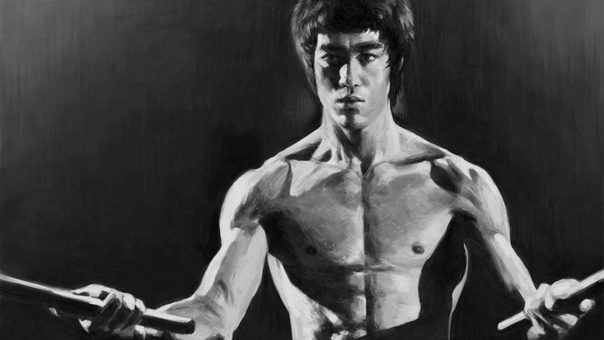 李小龍 桌布 壁紙 — 一幅戲劇性的黑白油畫，描繪李小龍手持雙節棍，在黑暗背景下展現強烈專注力。