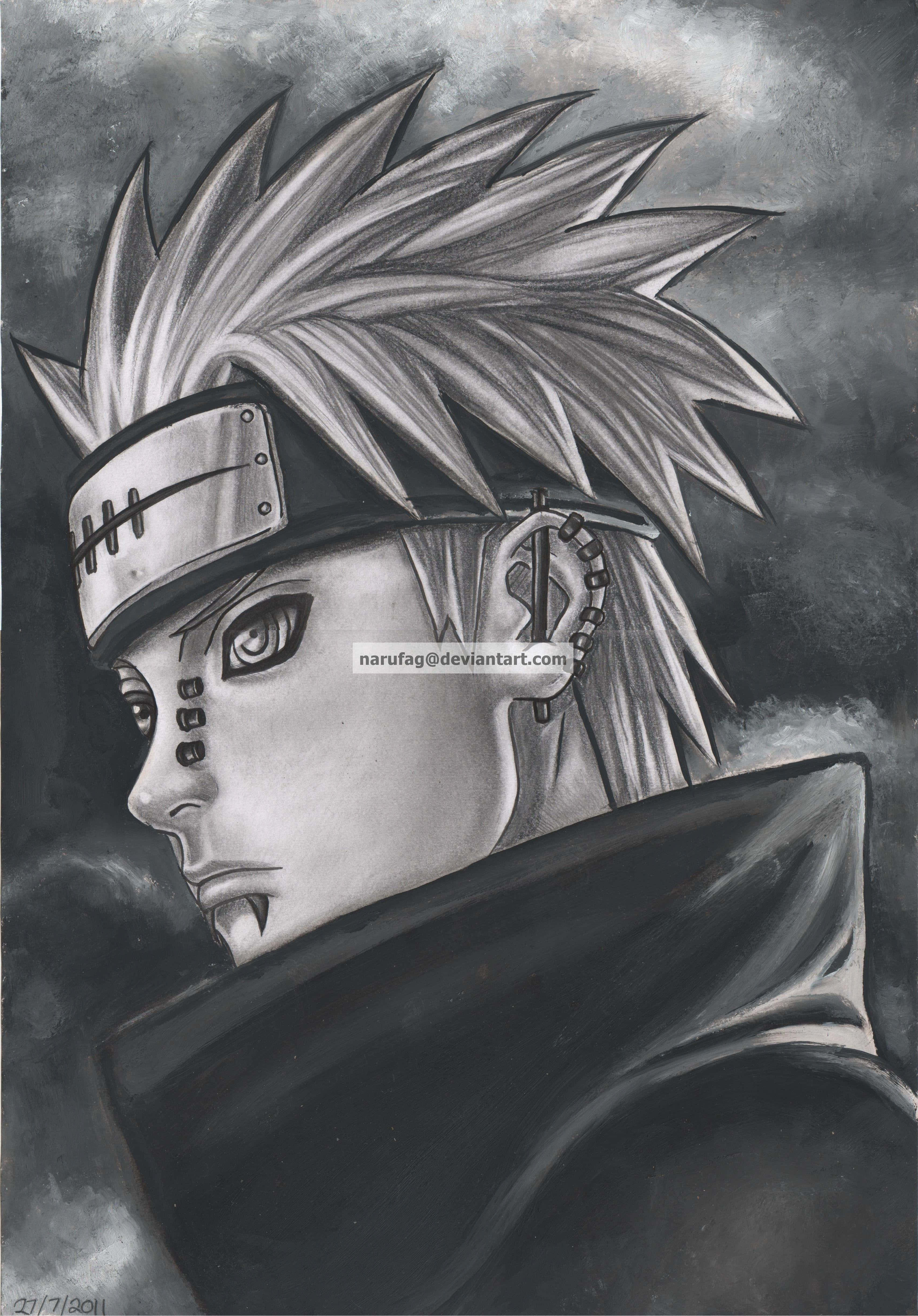 Yahiko 桌布 壁紙 — 一幅戲劇性的黑白鉛筆肖像，描繪了一個擁有尖刺頭髮、頭帶和風衣的動漫角色，背景是暴風雨的天空。