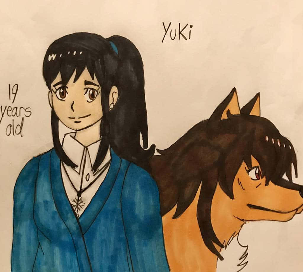 Wolf Children 桌布 壁紙 — 一幅手繪動漫風格插圖，描繪一位名叫Yuki的年輕女子和一隻狼同伴，兩者都平靜地向前看。