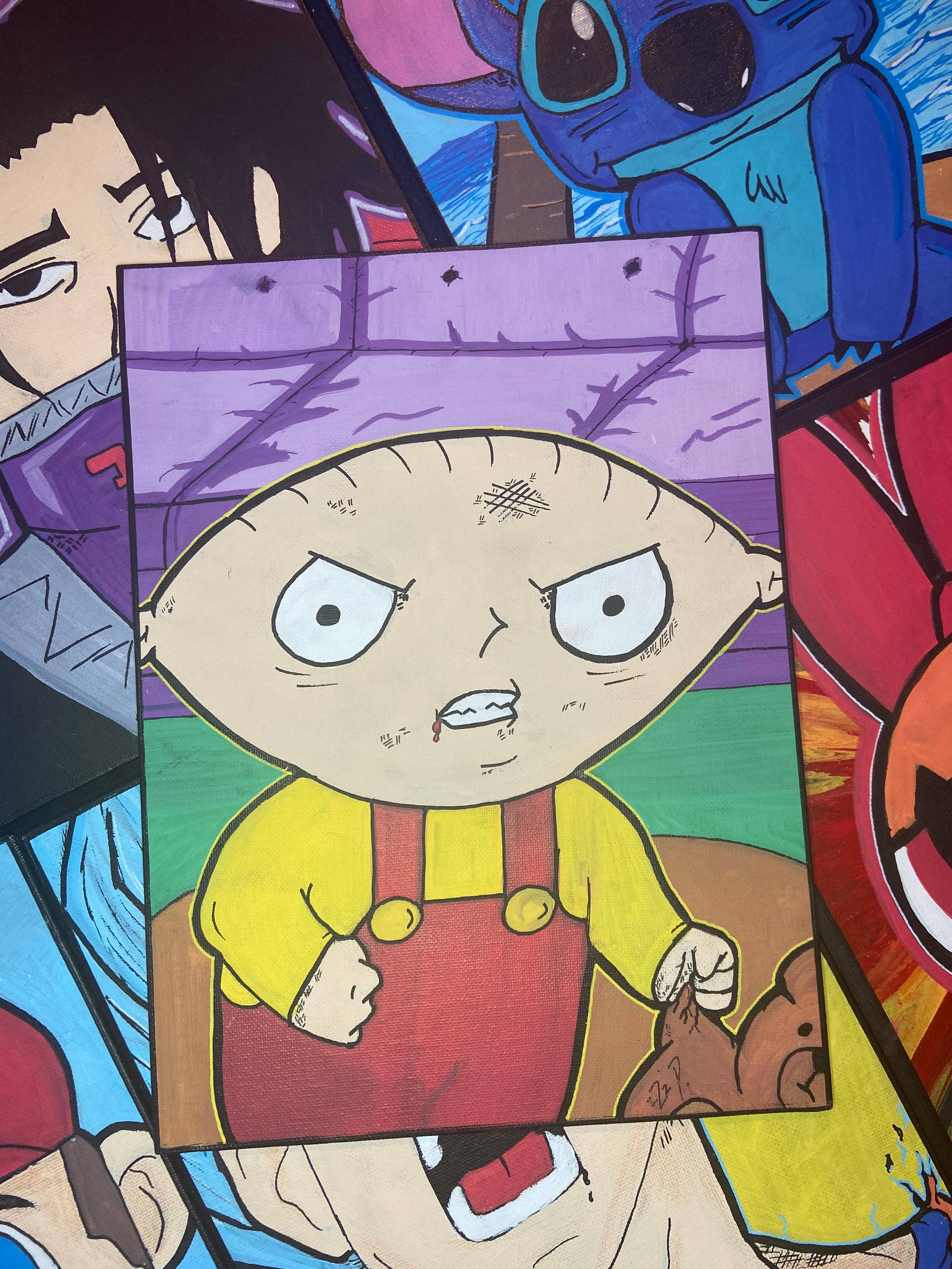 stewie 桌布 壁紙 — 一幅手繪卡通肖像，描繪 Stewie Griffin 怒目而視、握緊拳頭，被其他動畫角色包圍。