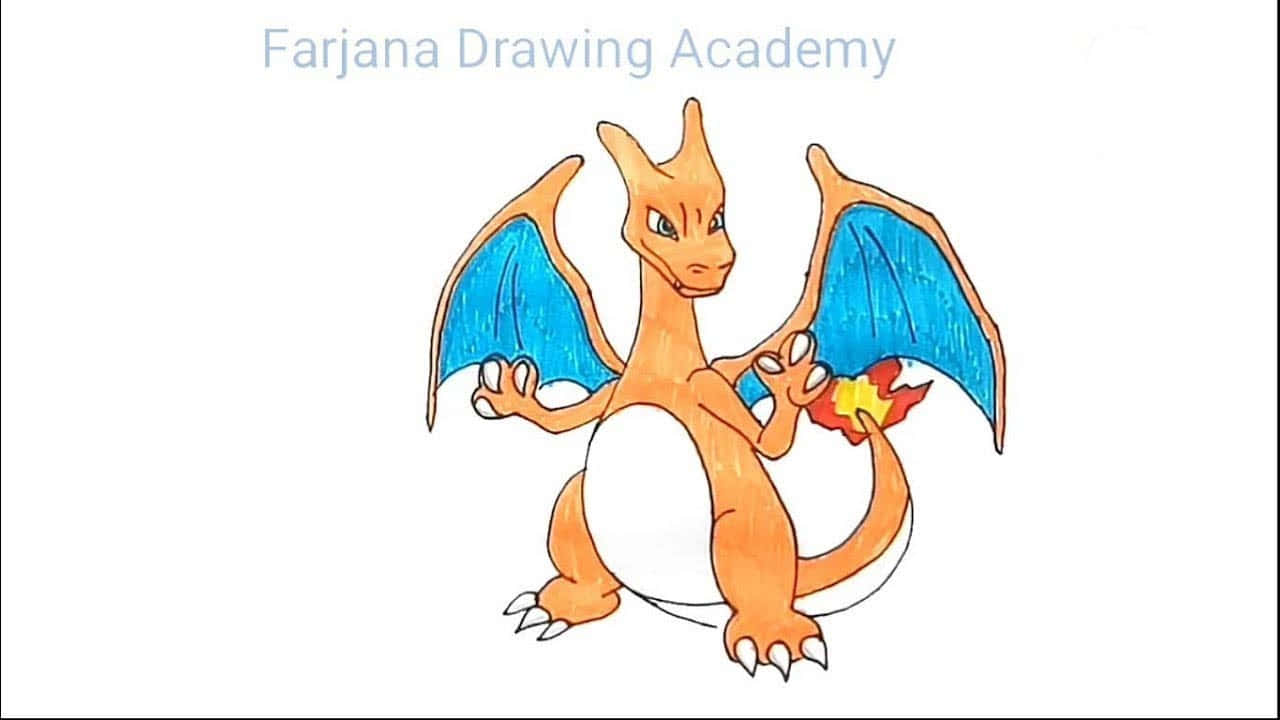 Charizard Pokemon 桌布 壁紙 — 一幅手繪插圖，描繪了橙色身體、藍色翅膀和火焰尾巴的噴火龍，站在純白色背景前。