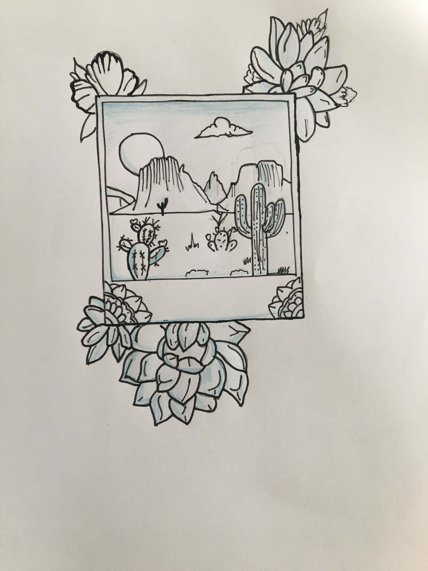 Aesthetic Drawings 桌布 壁紙 — 一幅手繪插圖，描繪沙漠場景，仙人掌和岩石形態被多肉植物框住。