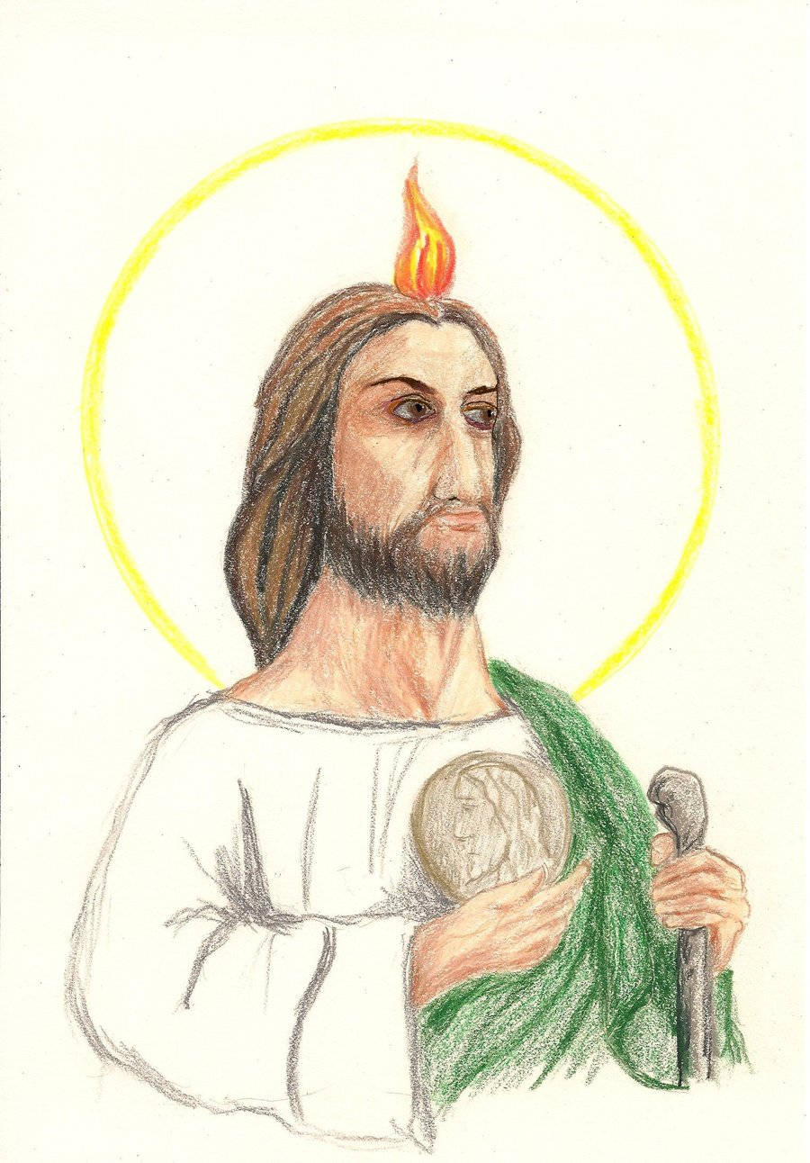 Flame 桌布 壁紙 — 一幅手繪插圖，描繪耶穌頭上有黃色光環和火焰，手持杖和獎章。