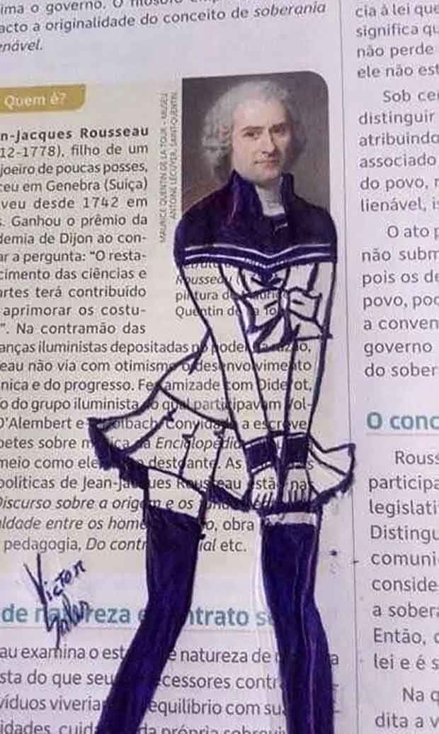 Funny Random 桌布 壁紙 — 一幅手繪插圖，描繪讓-雅克·盧梭身穿深色外套，覆蓋在一篇關於他生平與哲學的報紙文章上。