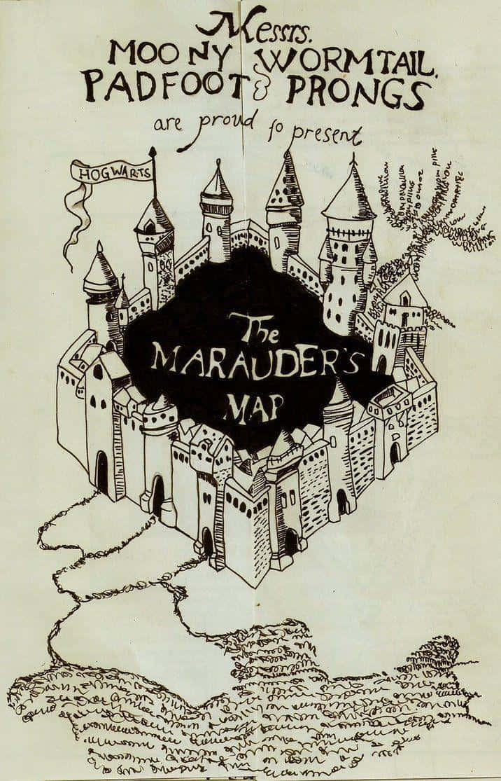 The Marauder's Map 桌布 壁紙 — 一幅手繪黑白插圖，描繪霍格華茲城堡，深色橢圓形中央有「The Marauder's Map」文字。