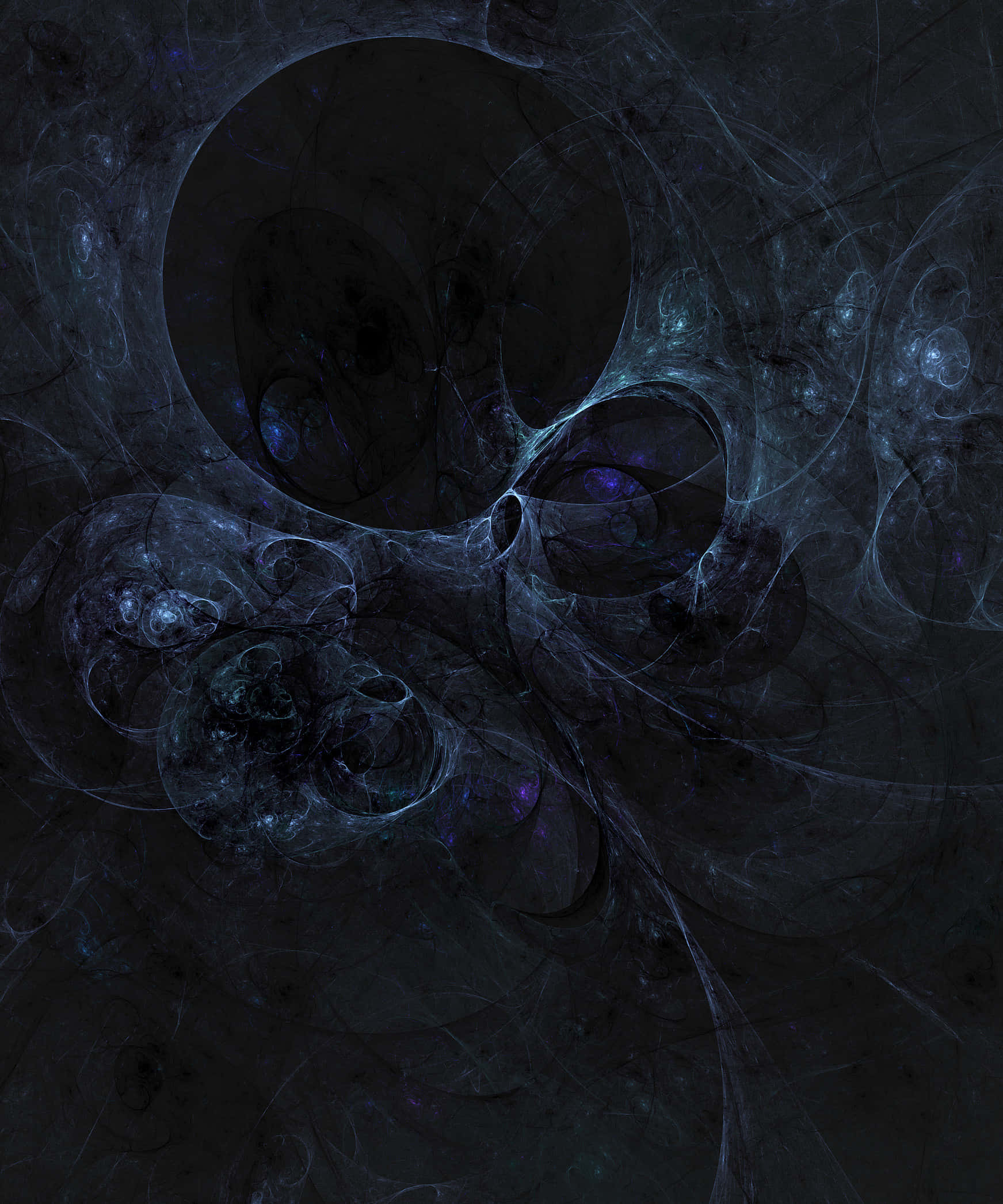 Dark Energy 桌布 壁紙 — 一幅抽象數位藝術作品，呈現深藍色和黑色漩渦狀碎形圖案，帶有發光的紫色點綴。