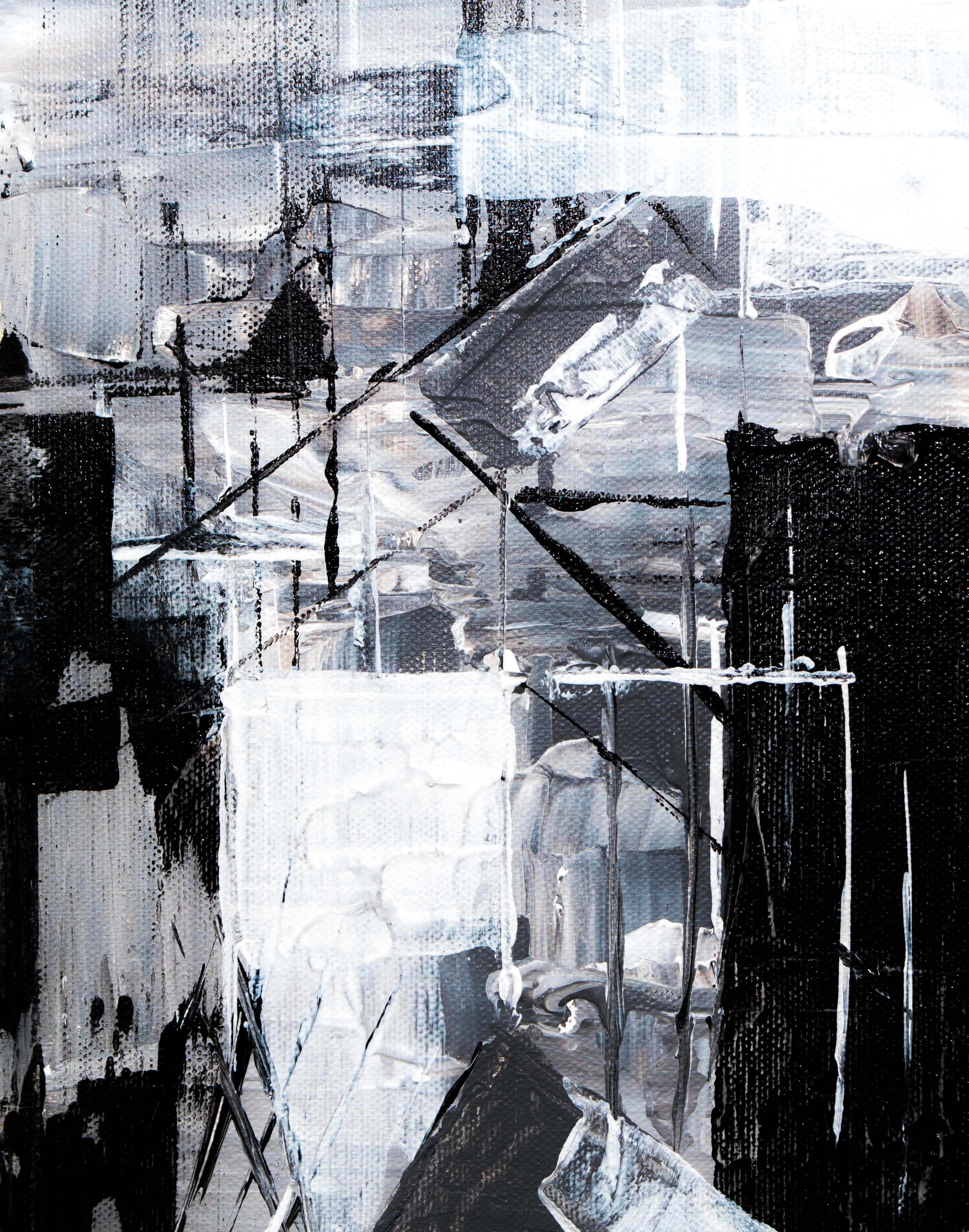 Black And White Drawings 桌布 壁紙 — 一幅抽象畫，以大膽的黑、白、灰筆觸營造出動感十足的紋理構圖。