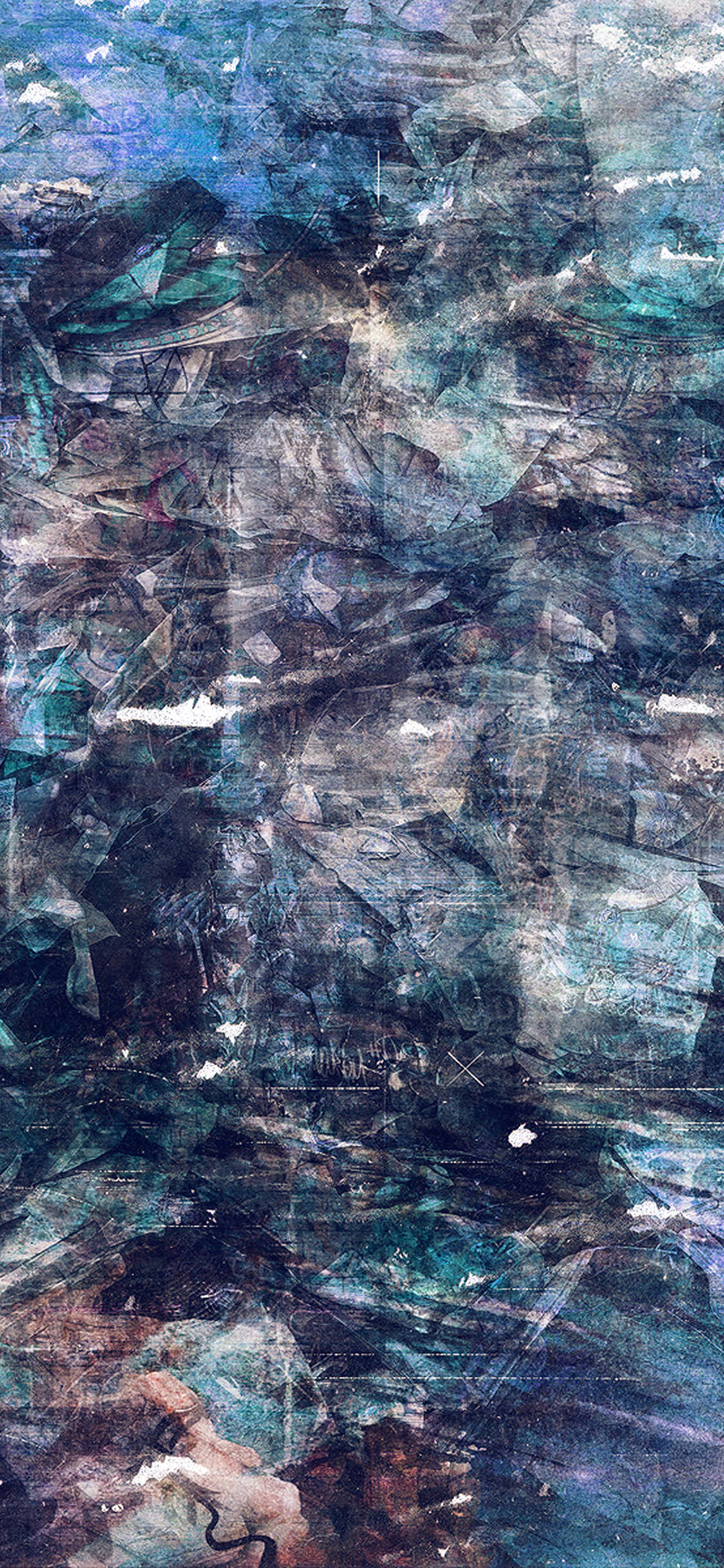 Aesthetic Grunge Phone 桌布 壁紙 — 一幅抽象紋理藝術作品，以層疊的藍色、藍綠色和灰色營造出陰鬱的氛圍效果。