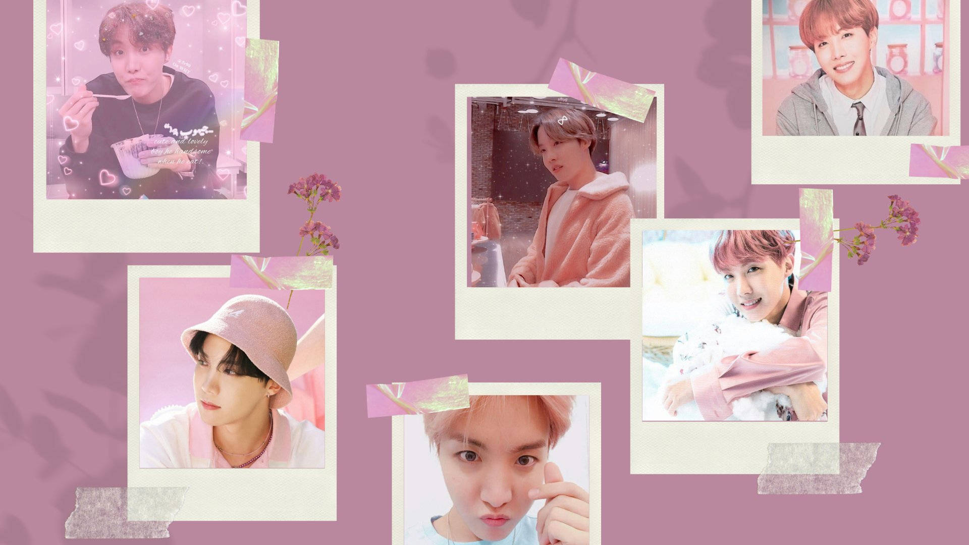 jhope 桌布 壁紙 — 一幅拍立得風格照片拼貼，展示一位年輕男子在柔和粉紅色背景上以各種姿勢和服裝出現，並帶有花卉點綴。