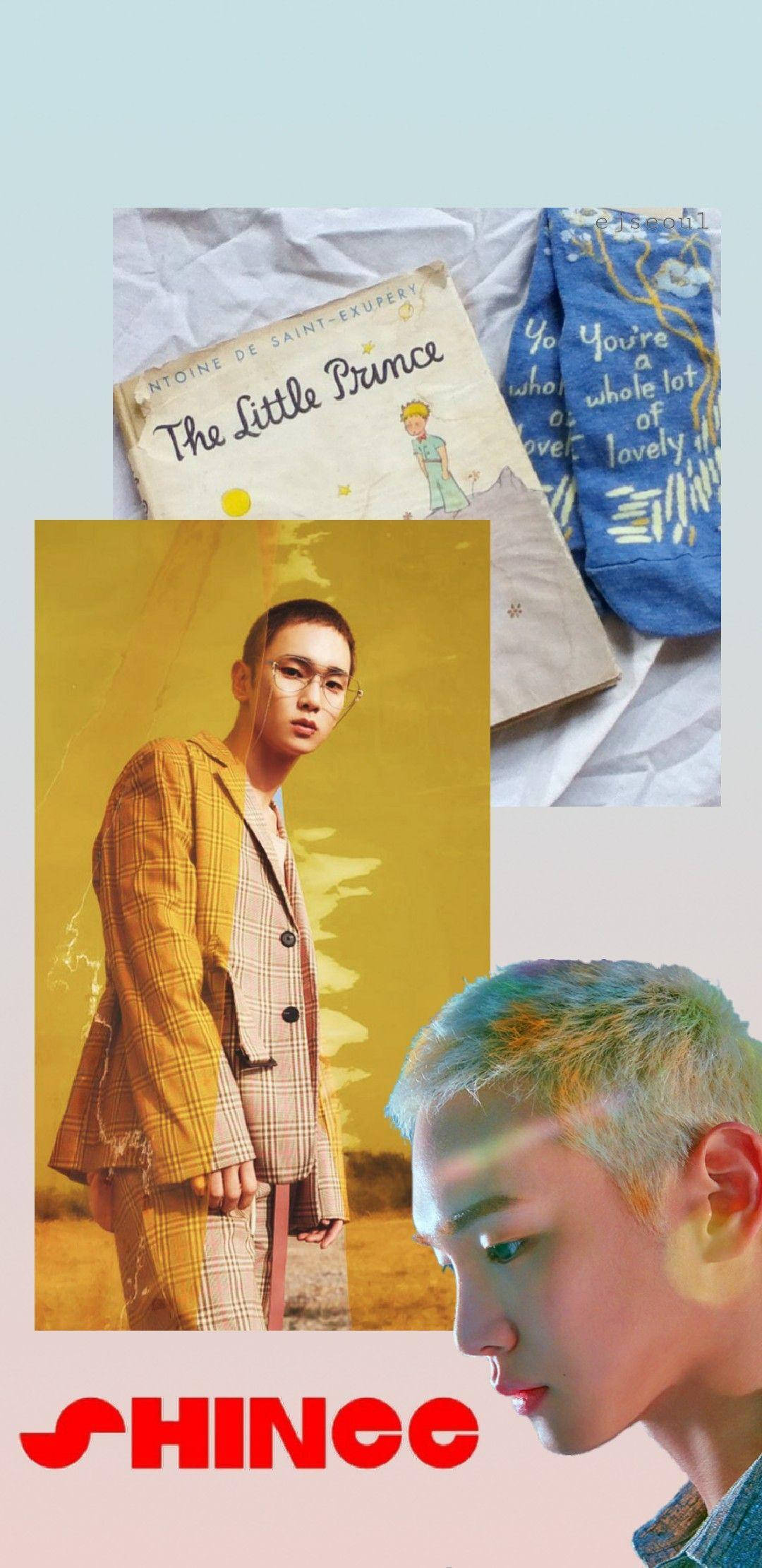 Shinee 桌布 壁紙 — 一幅拼貼畫，包含一本《小王子》書籍、一塊藍色圖案布料，以及兩幅在溫暖金色背景前、頭髮色彩繽紛的男士肖像。