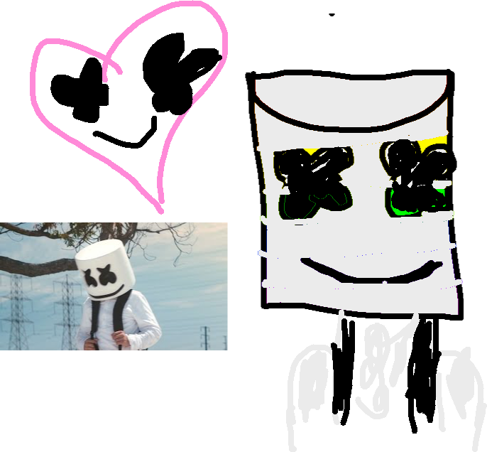 Marshmello 動態圖 桌布 壁紙 — 一幅拼貼畫，包含粉紅色心形草圖、卡通棉花糖人，以及 Marshmello 穿著白色西裝在電線前的真實照片。