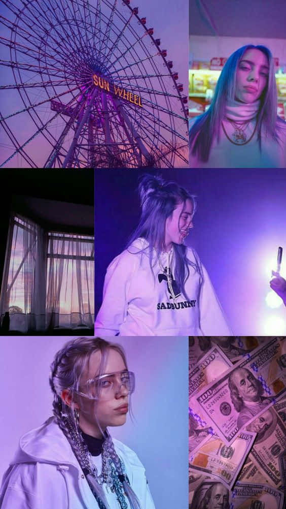 Billie Eilish Purple 桌布 壁紙 — 一幅拼貼畫，包含紫色燈光的摩天輪、霓虹燈下的女子、黃昏時的窗戶，以及散落的百元美鈔。