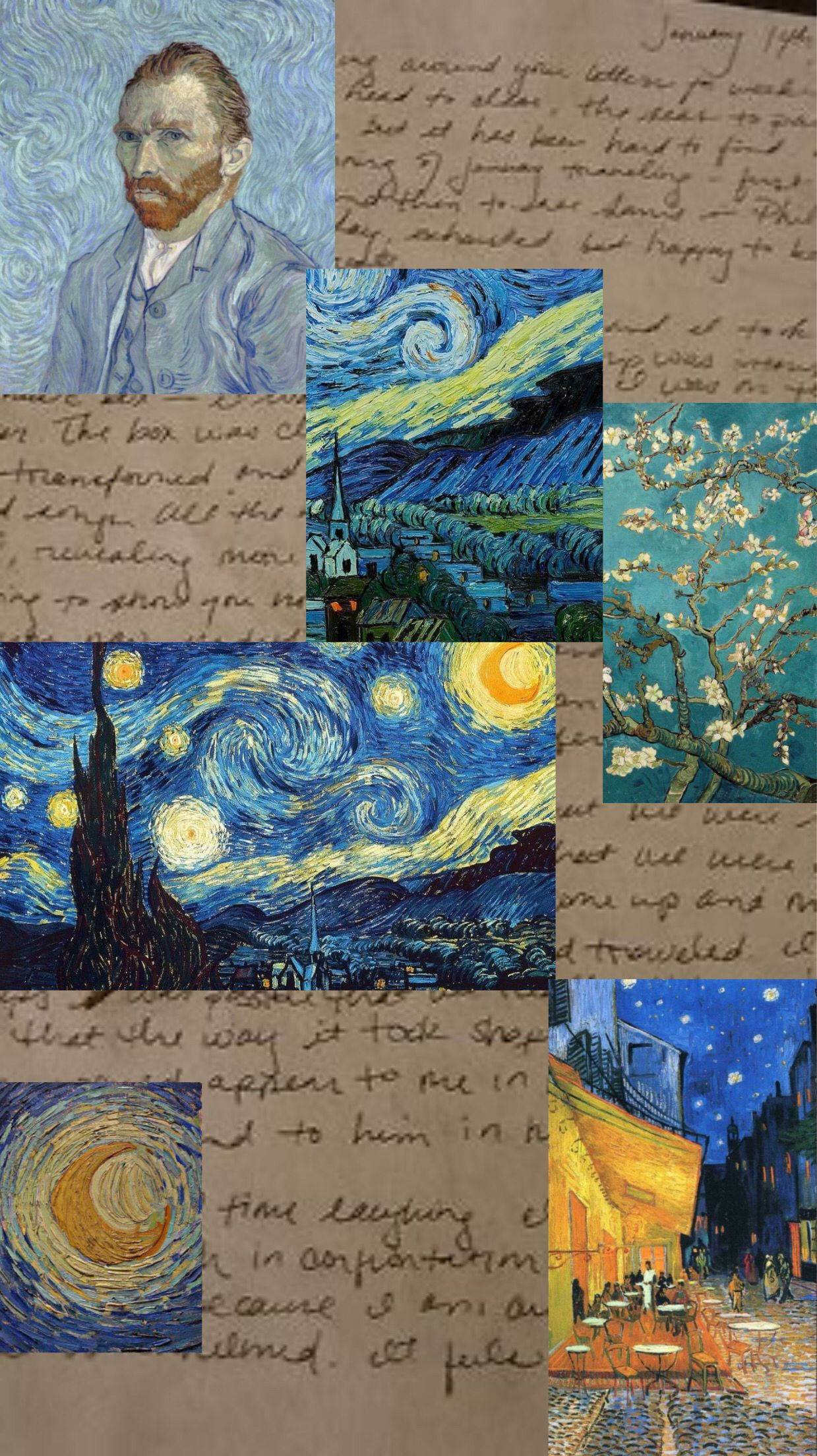 Vincent 桌布 壁紙 — 一幅拼貼畫，將文森特·梵高的標誌性藝術作品和手寫信件疊加在紋理紙上。