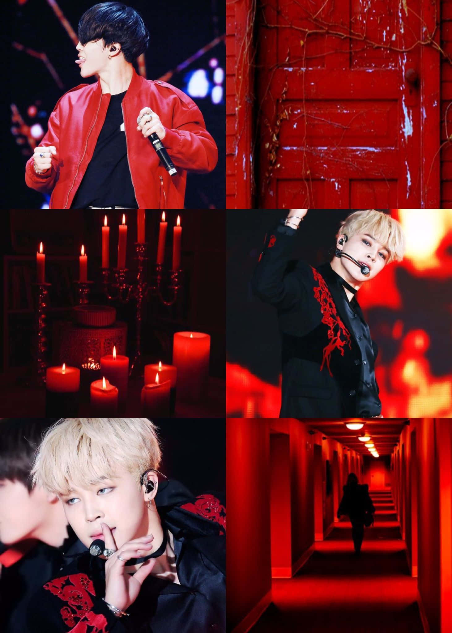 Jimin Aesthetic 桌布 壁紙 — 一幅拼貼畫，展示一位身穿紅色皮夾克的表演者在舞台上、昏暗紅光中的蠟燭，以及一個在紅光走廊中行走的身影。