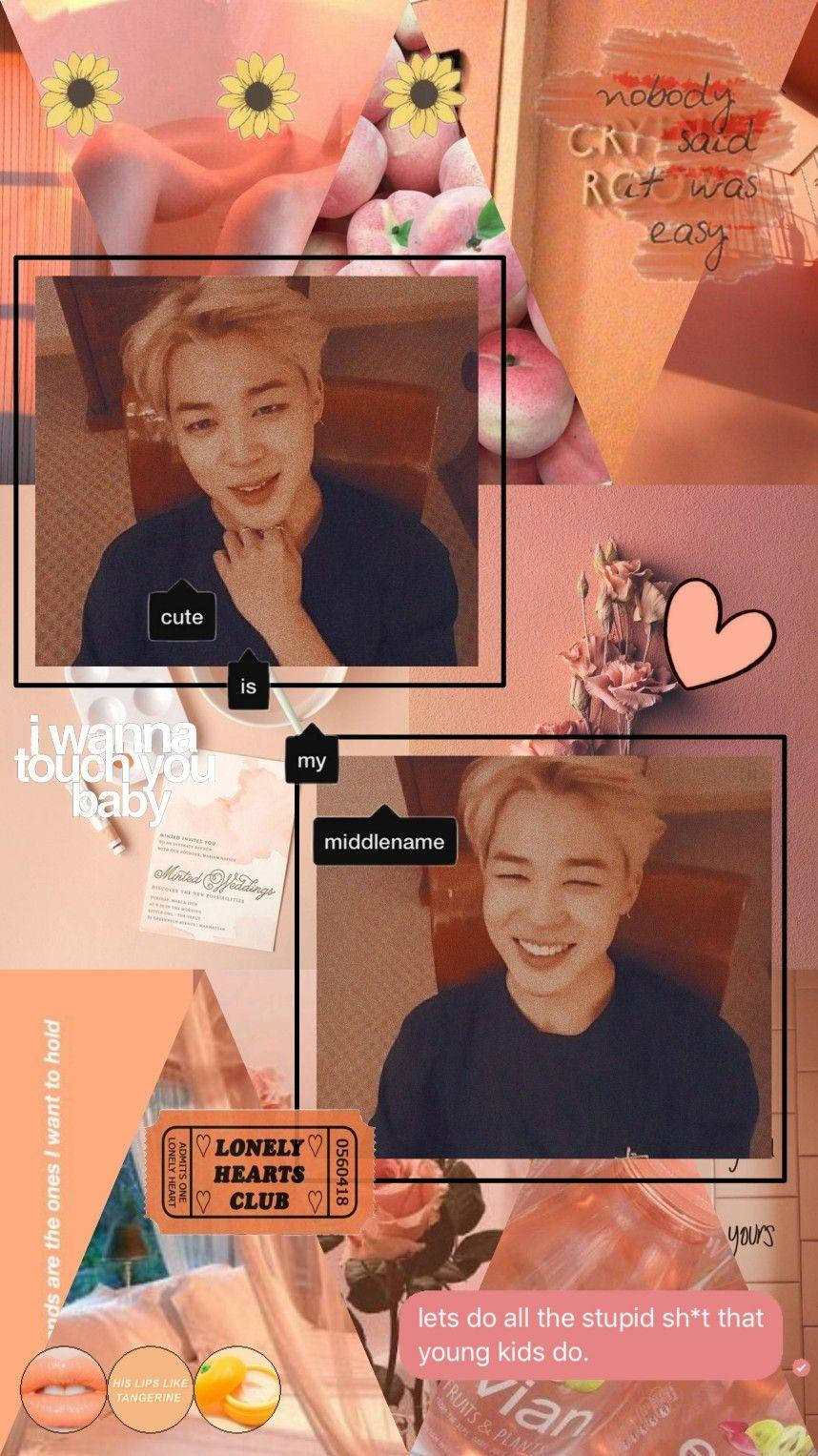 Jimin Aesthetic 桌布 壁紙 — 一幅拼貼畫，展示兩位微笑的年輕男性，採用溫暖的粉紅和蜜桃色調美學，搭配向日葵、愛心和手寫文字疊加。