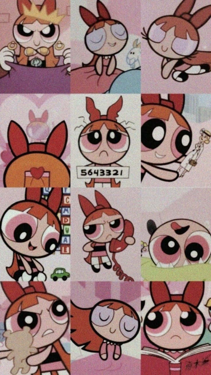 Powerpuff Girls 桌布 壁紙 — 一幅拼貼畫，展示大眼睛紅髮卡通角色在柔和背景前擺出各種富有表現力的姿勢。