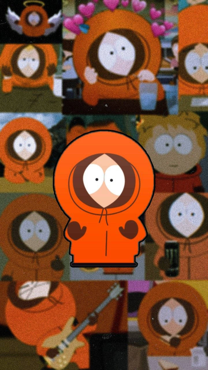 Kenny 桌布 壁紙 — 一幅拼貼畫，展示身穿橙色連帽衫的卡通角色，搭配愛心和吉他，呈現多種姿勢。