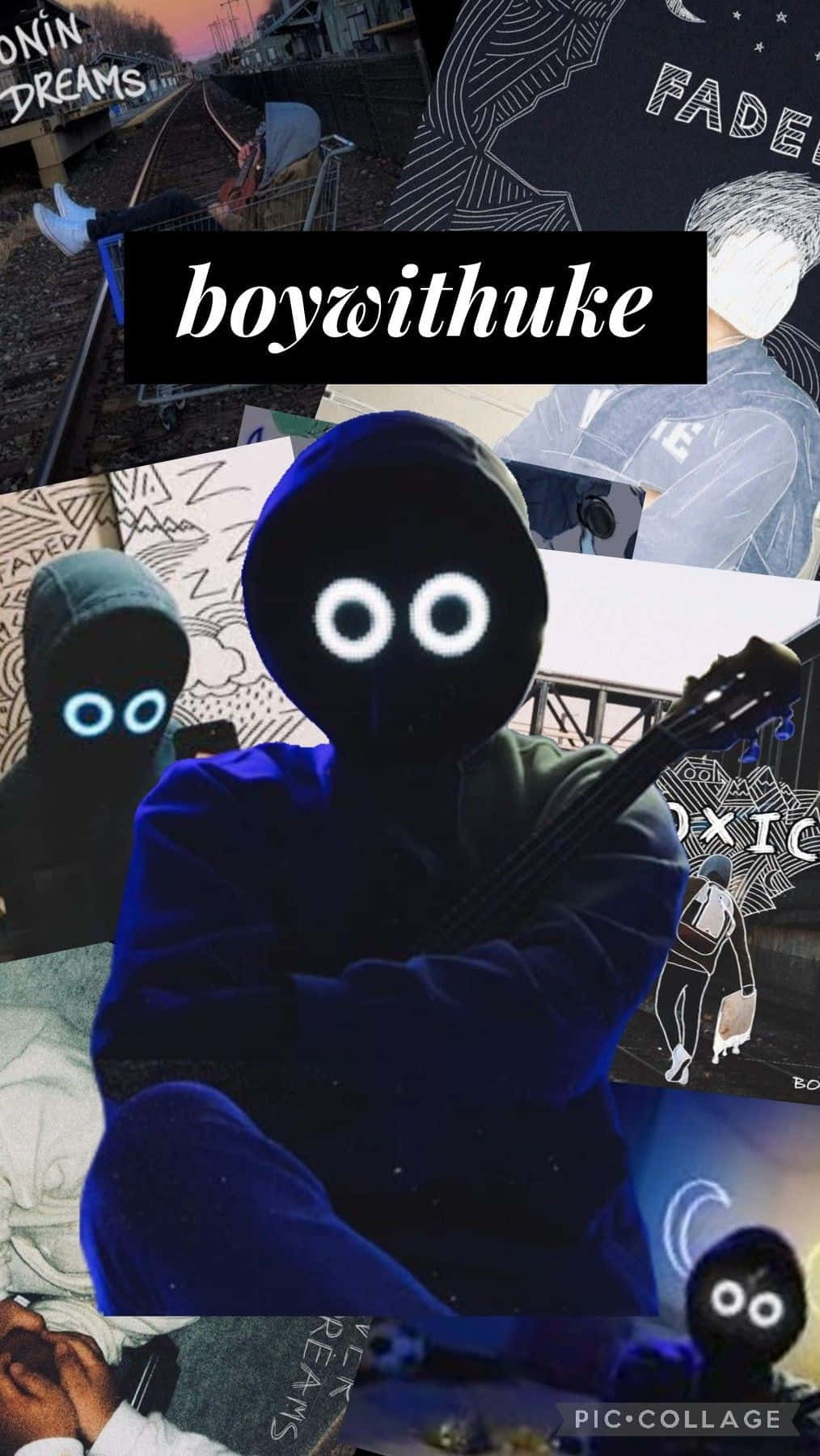 Boywithuke 桌布 壁紙 — 一幅拼貼畫，描繪深藍色連帽人物，眼睛發出白光，手持吉他，背景為都市及超現實插圖。