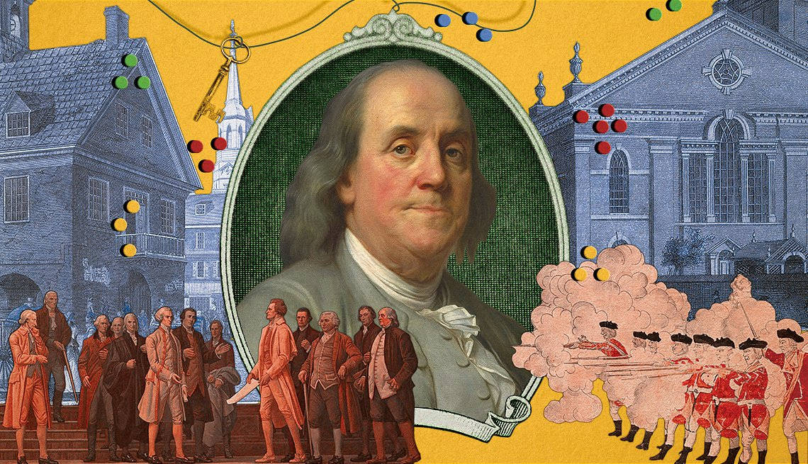 Franklin 桌布 壁紙 — 一幅拼貼風格插圖，以班傑明·富蘭克林的肖像為中心，周圍環繞著殖民時期的人物和建築，並有色彩繽紛的漂浮球體。
