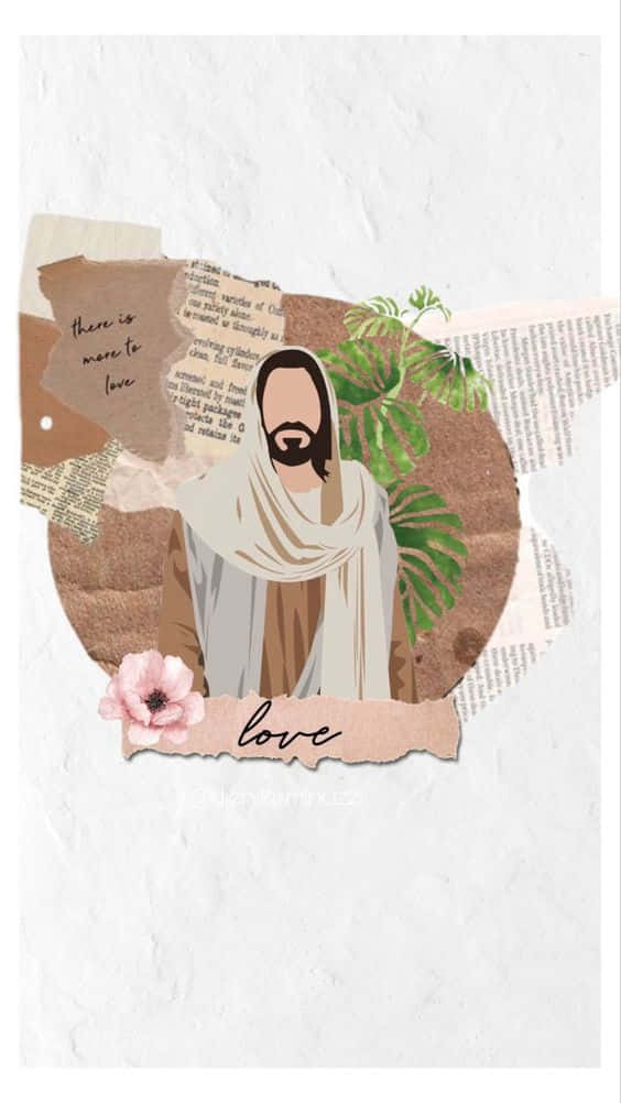 Aesthetic Jesus 桌布 壁紙 — 一幅拼貼風格的插圖，描繪耶穌被撕碎的紙張文字葉片和一朵帶有「愛」字的粉紅色花朵包圍。