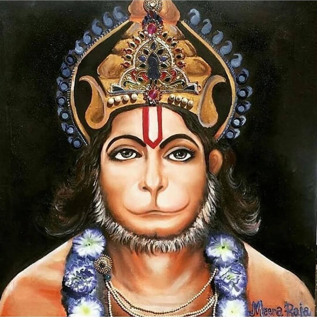 hindu iPhone 桌布 壁紙 — 一幅描繪哈努曼的畫像，頭戴鑲有寶石的皇冠，頸掛藍色花環，背景為深色。