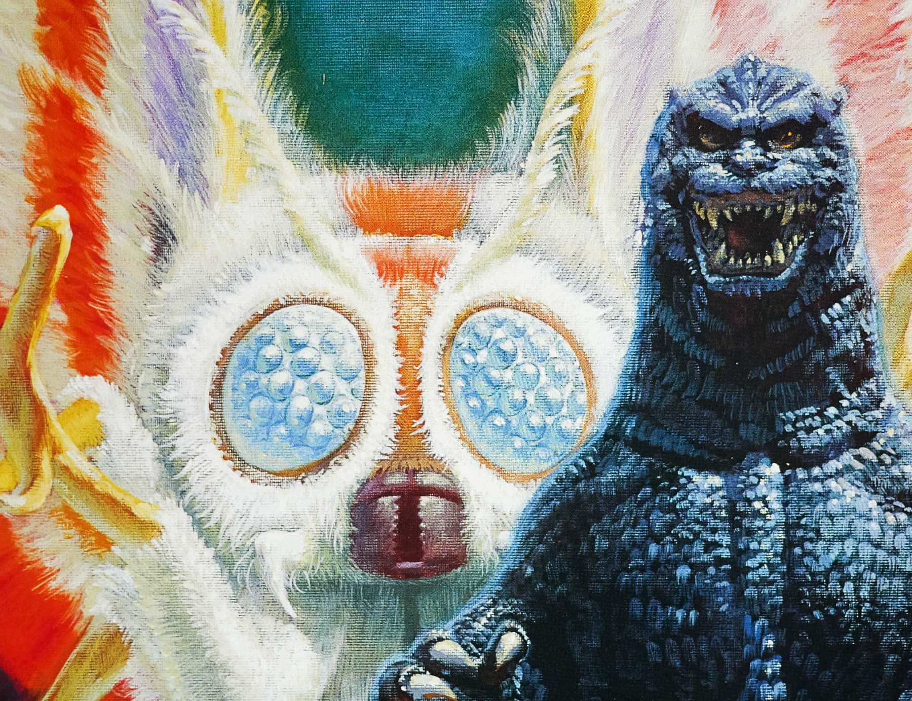 Godzilla Vs Mothra 桌布 壁紙 — 一幅描繪哥吉拉在一個有泡泡眼和火橙色翅膀的白色生物旁邊咆哮的繪畫插圖。