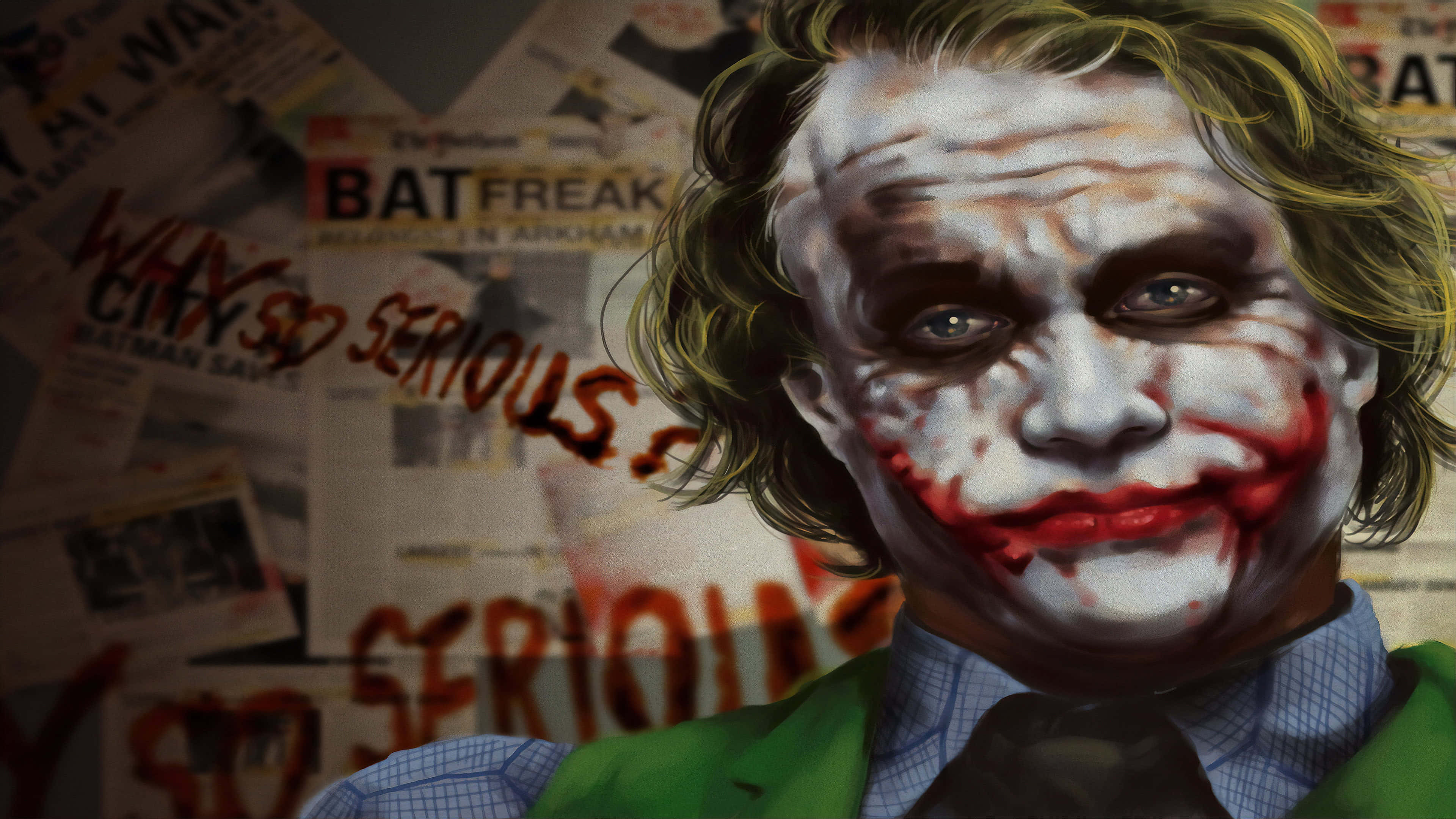 Dark Knight Joker In 4K Ultra HD 桌布 壁紙 — 一幅描繪小丑的畫像，臉上塗抹著白色、紅唇和綠髮，背景是混亂的報紙。