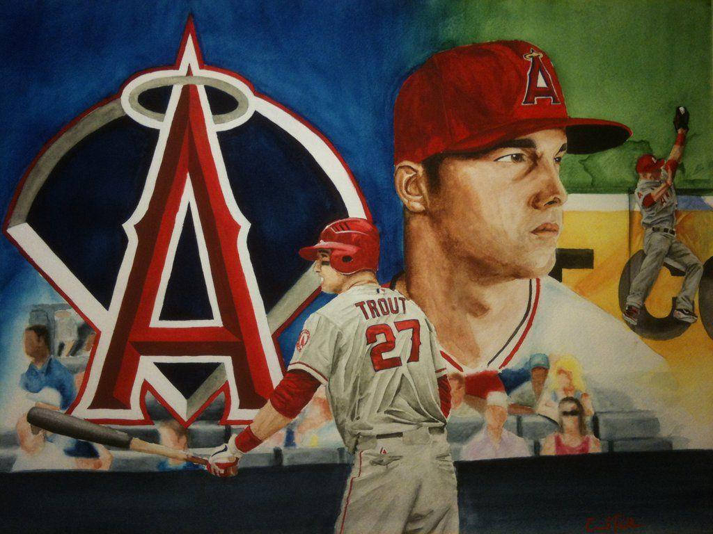 棒球運動員 Mike Trout 身穿天使隊球衣，在球場上手持球棒，有球迷和標誌。 — Michael B Jordan 壁紙