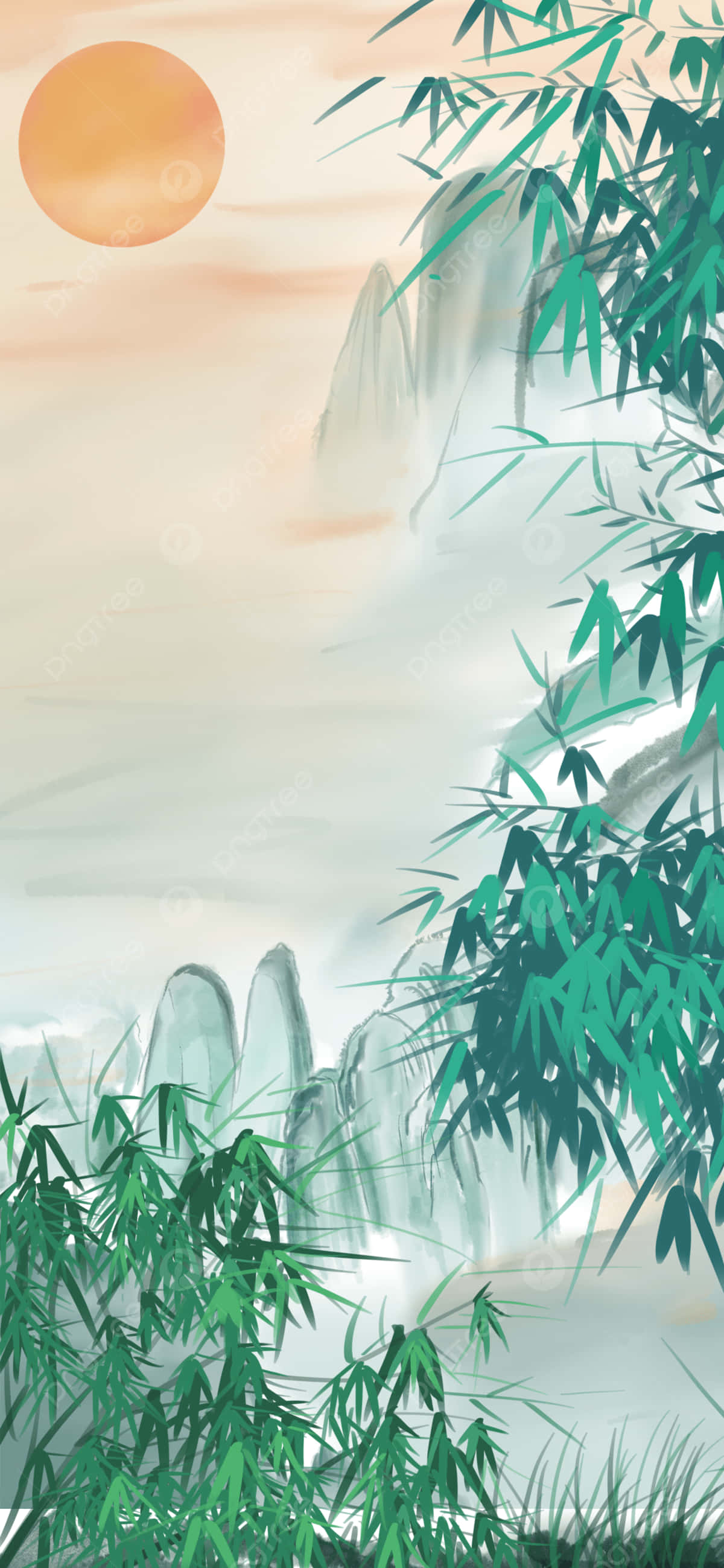 一幅描繪竹林與山巒的畫作 壁紙