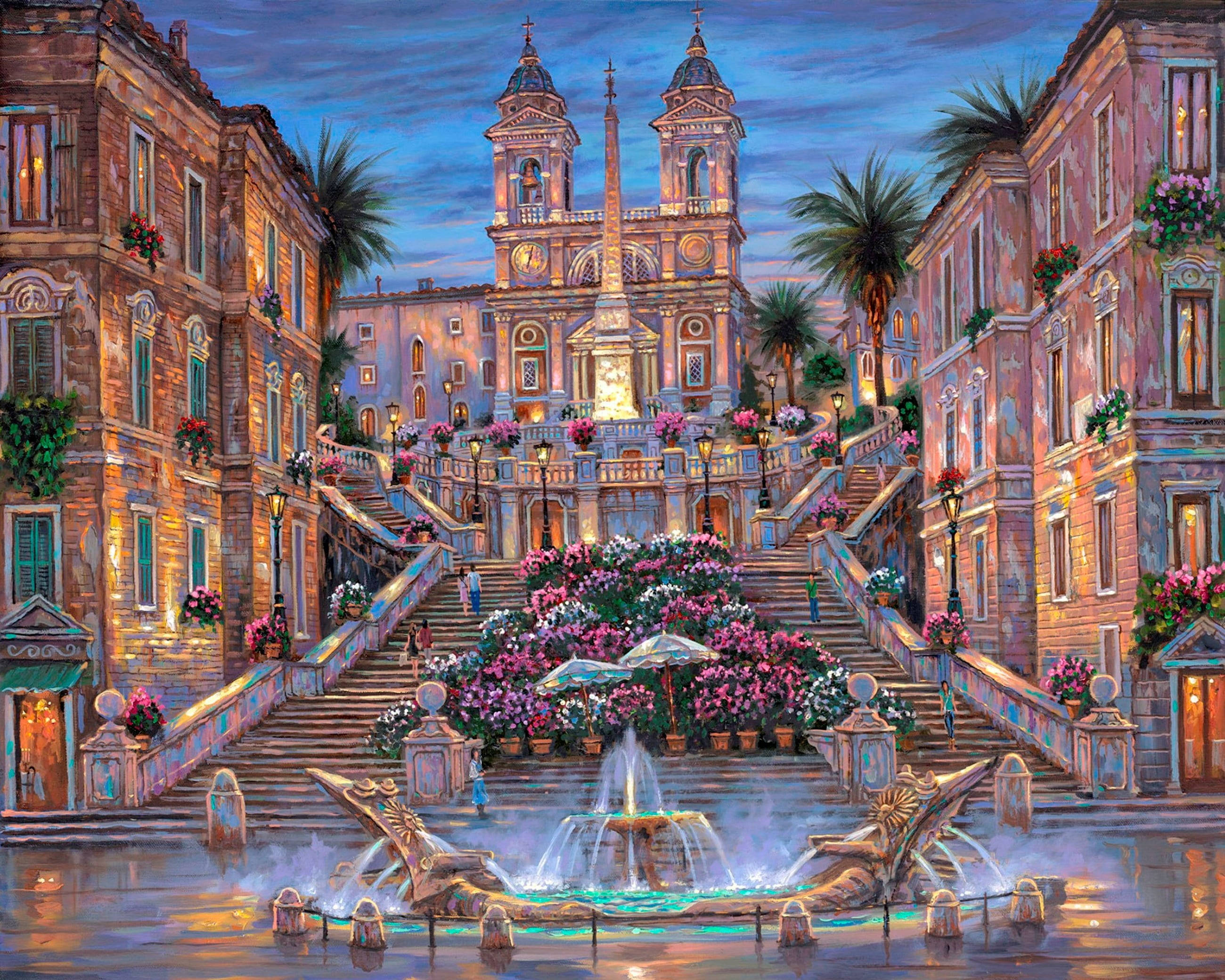 Rome 桌布 壁紙 — 一幅描繪羅馬西班牙廣場階梯在黃昏時分的生動畫作，帶有發光的燈光、粉紅色的花朵和中央噴泉。