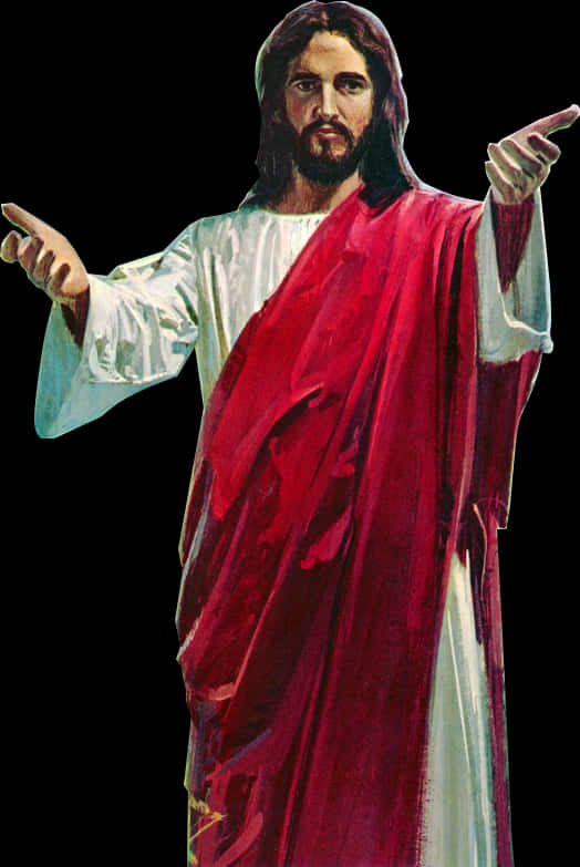 耶穌 桌布 壁紙 — 一幅描繪耶穌基督身穿紅色長袍、雙手指向黑色背景的畫像。