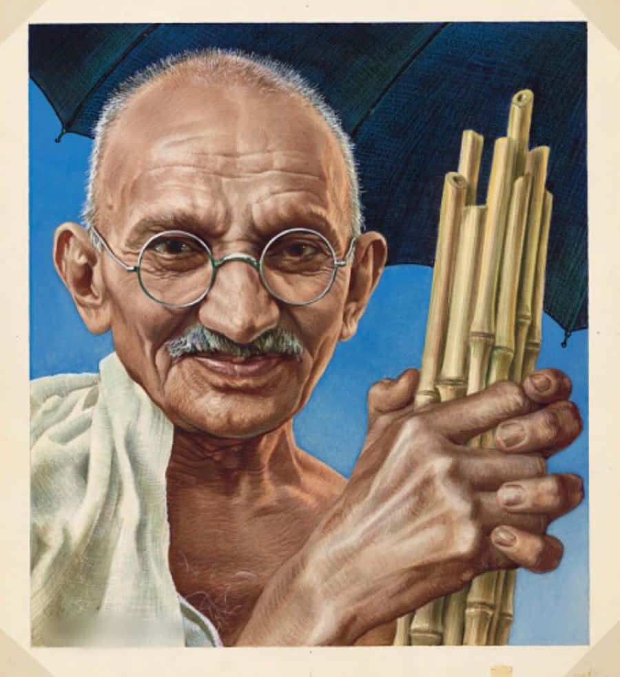 Mahatma Gandhi 桌布 壁紙 — 一幅描繪聖雄甘地的畫像，在明亮藍天背景下，在深色傘下拿著竹枝。