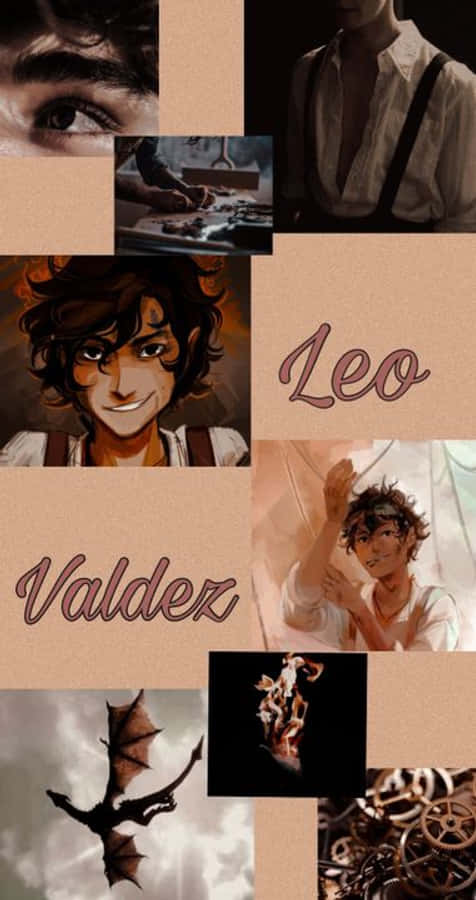 Leo Aesthetic 桌布 壁紙 — 一幅插圖場景拼貼畫，以溫暖的米色背景為襯托， featuring 一位名叫 Leo 的年輕男子，帶有龍圖案和蒸氣龐克齒輪。