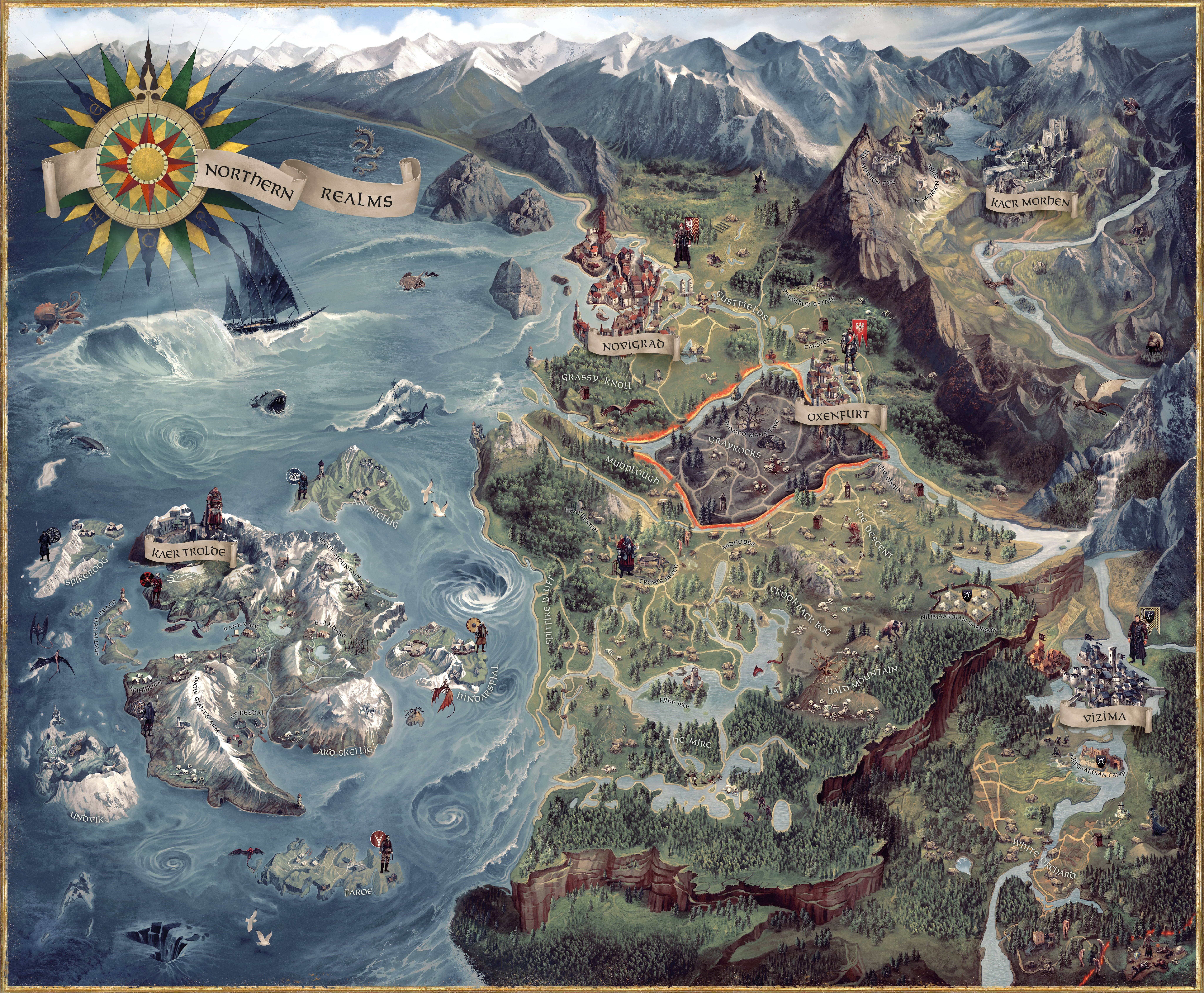 Topographic 桌布 壁紙 — 一幅插圖奇幻地圖，展示北方領域的沿海島嶼、山脈、城市和海上航線，並附有指南針玫瑰。
