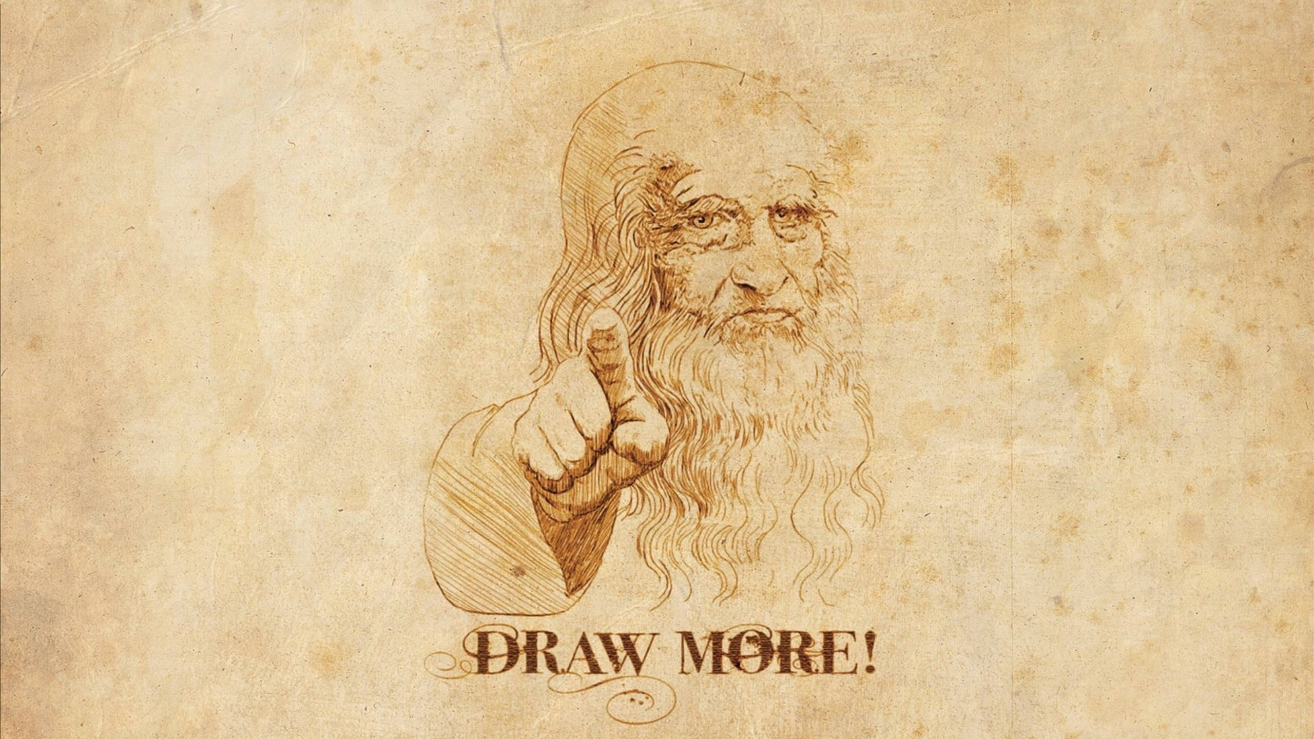 李奧納多·達文西 桌布 壁紙 — 一幅插圖肖像，描繪李奧納多·達文西向前指，並在舊羊皮紙上寫有「DRAW MORE!」文字。
