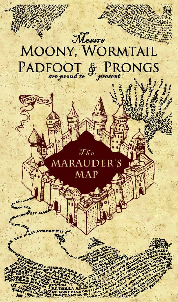 The Marauder's Map 桌布 壁紙 — 一幅插圖風格的復古羊皮紙，上面是霍格華茲的劫盜地圖，包含手寫文字和城堡細節。