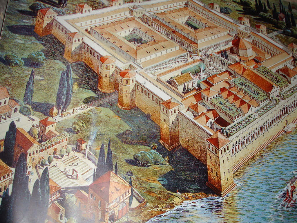 Croatia 桌布 壁紙 — 一幅插圖風格的鳥瞰圖，展示一座宏偉的古老堡壘，擁有紅色瓦片屋頂和石牆，俯瞰沿海城鎮和大海。