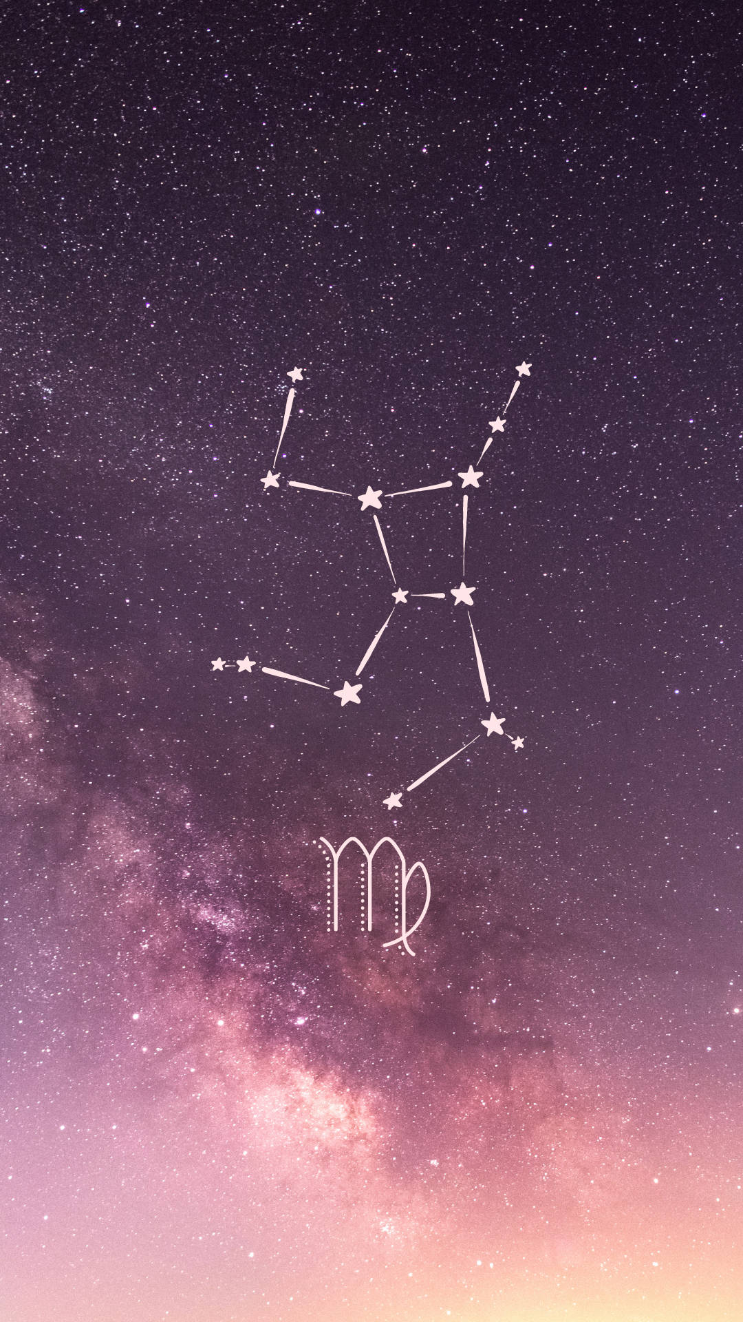 zodiac 桌布 壁紙 — 一幅摩羯座的天體圖，在帶有銀河的漸變紫粉星空夜空中閃耀。
