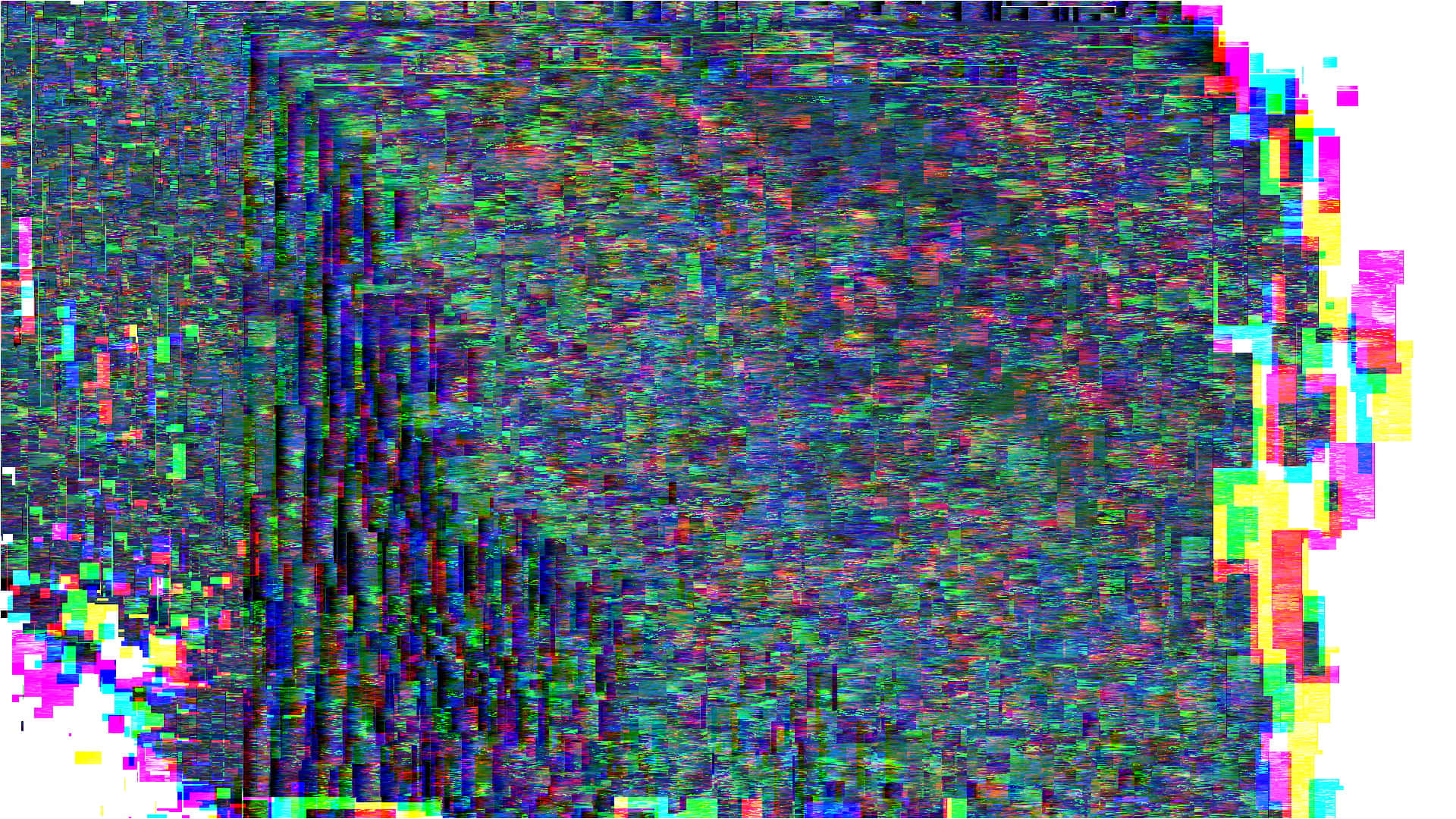 Glitch Effect 桌布 壁紙 — 一幅故障藝術桌布，帶有破碎的像素和扭曲的顏色，營造出混亂的數位紋理。