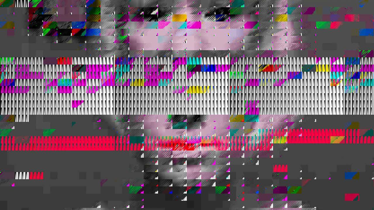 Glitch 桌布 壁紙 — 一幅故障藝術肖像，人臉被鮮豔的數位雜訊和水平像素條分割。