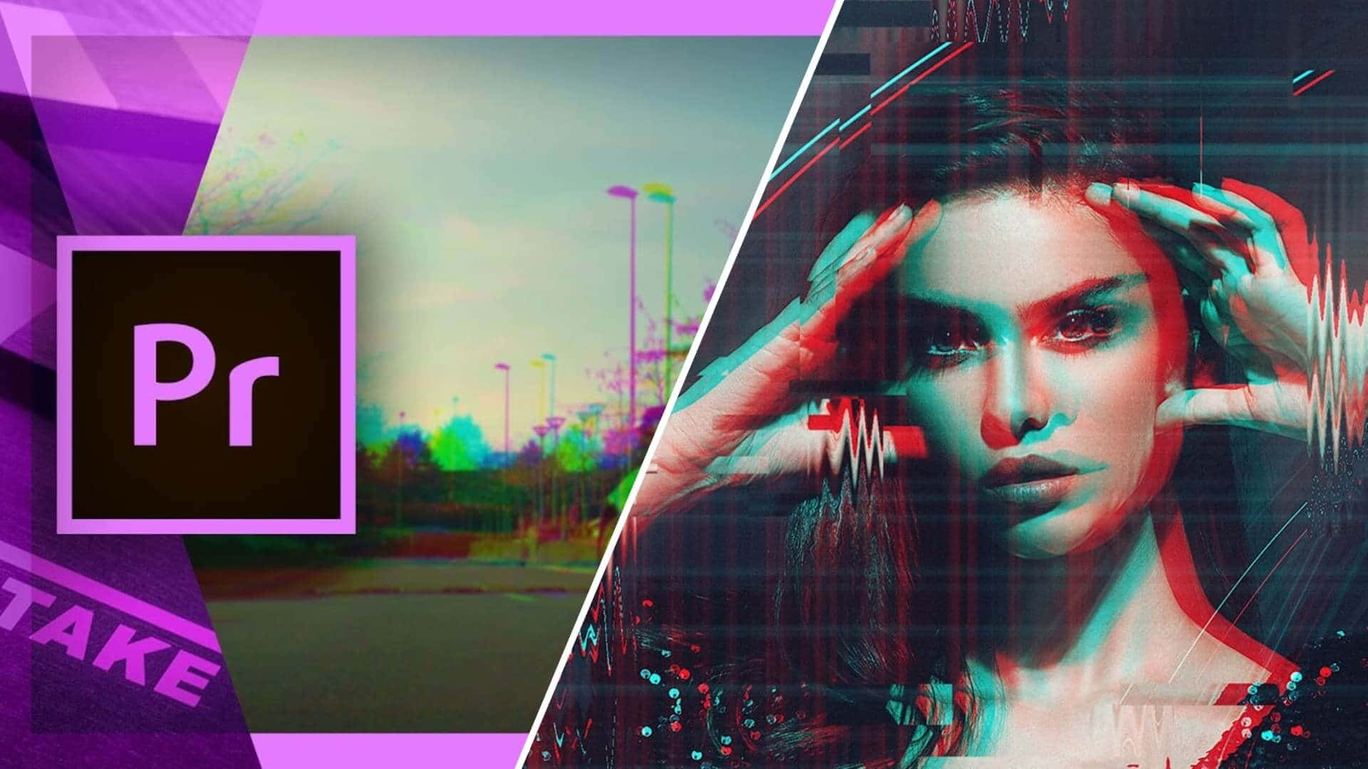 Glitch 桌布 壁紙 — 一幅故障藝術風格的女性肖像，雙手放在頭上，背景是扭曲的城市景觀，帶有 Adobe Premiere 標誌。