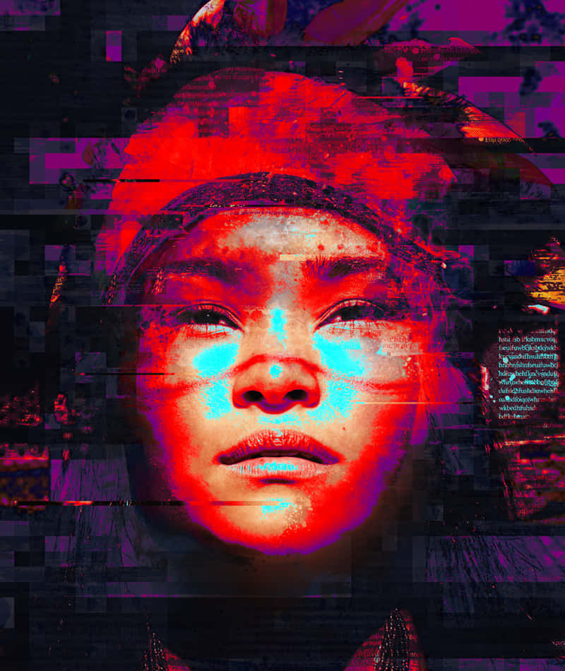 Glitch 桌布 壁紙 — 一幅故障藝術風格的女性面孔肖像，帶有鮮豔的紅色和青色數位扭曲及像素化噪點。