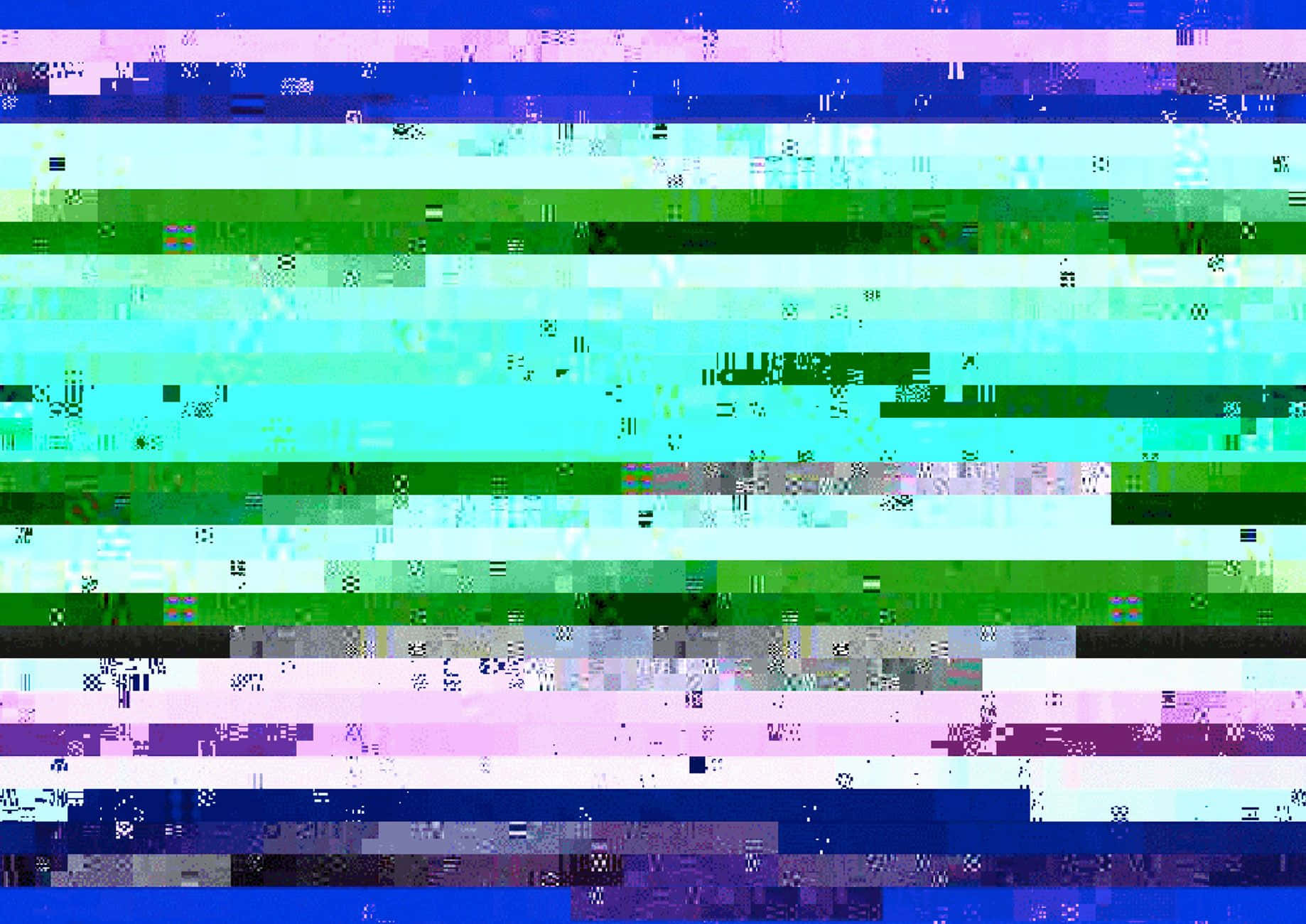 Glitch 桌布 壁紙 — 一幅故障藝術風格的桌布，帶有鮮豔藍色、綠色和粉紅色的扭曲像素水平條紋。