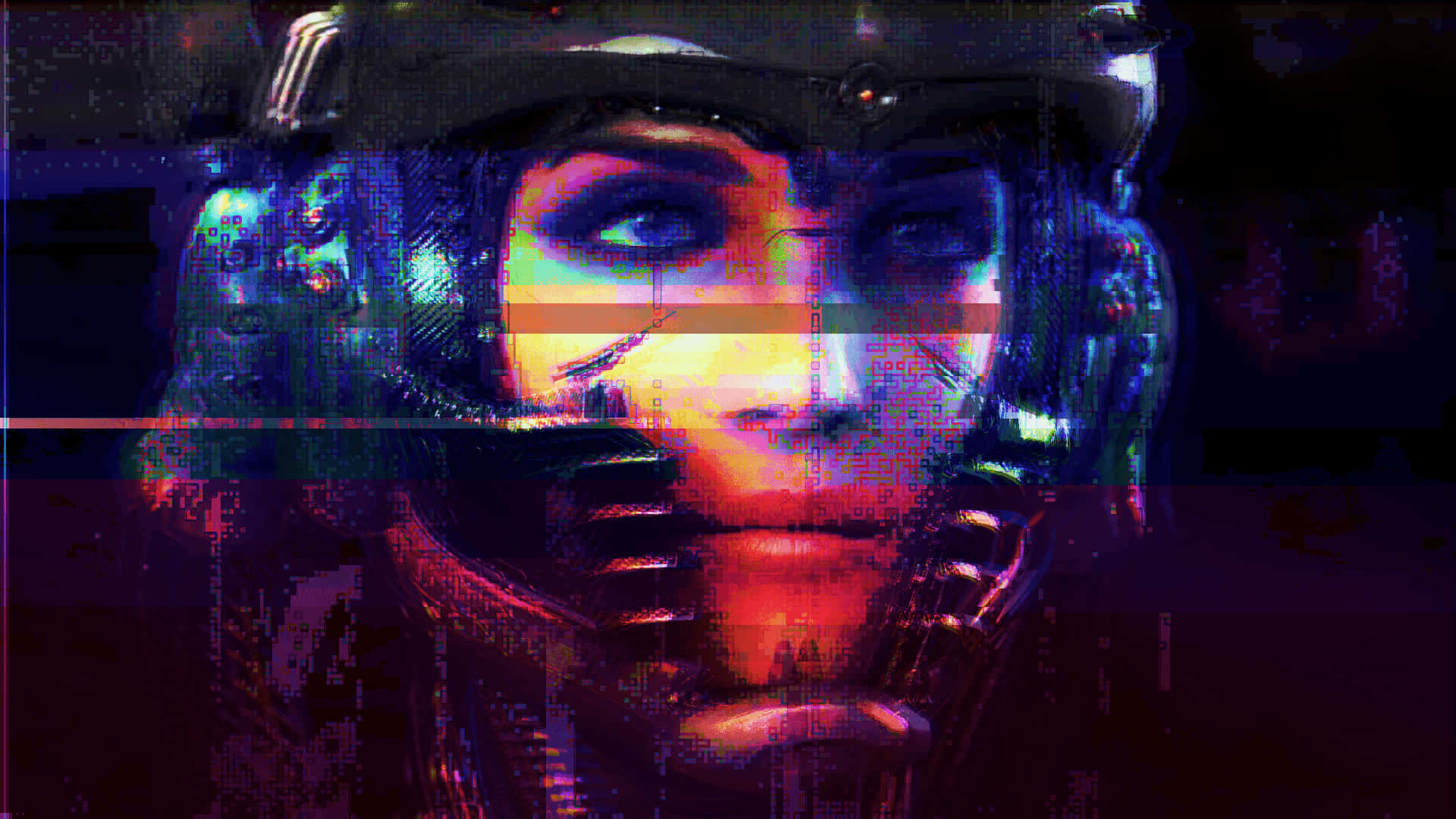 Glitch 桌布 壁紙 — 一幅故障藝術風格的賽博格人像，擁有發光的眼睛和霓虹色調的碎片化數位疊加效果。
