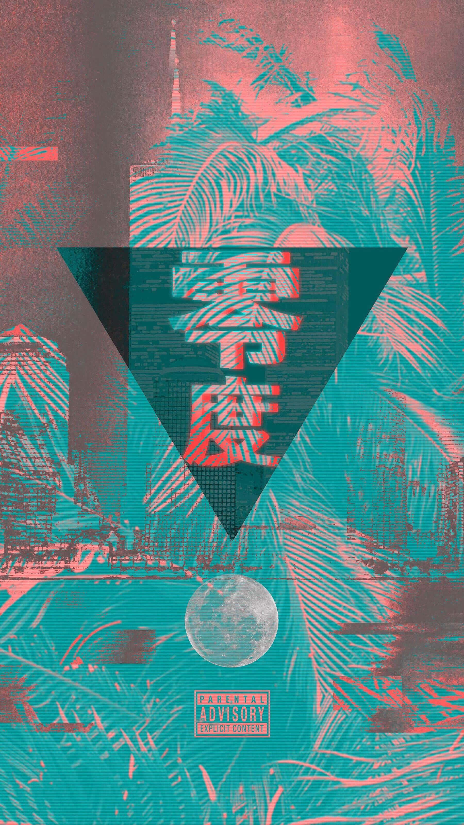 Vaporwave iPhone 桌布 壁紙 — 一幅故障風格的數位藝術作品，融合了熱帶棕櫚葉與城市摩天大樓，在月色下的天空呈現青綠色和粉紅色調。
