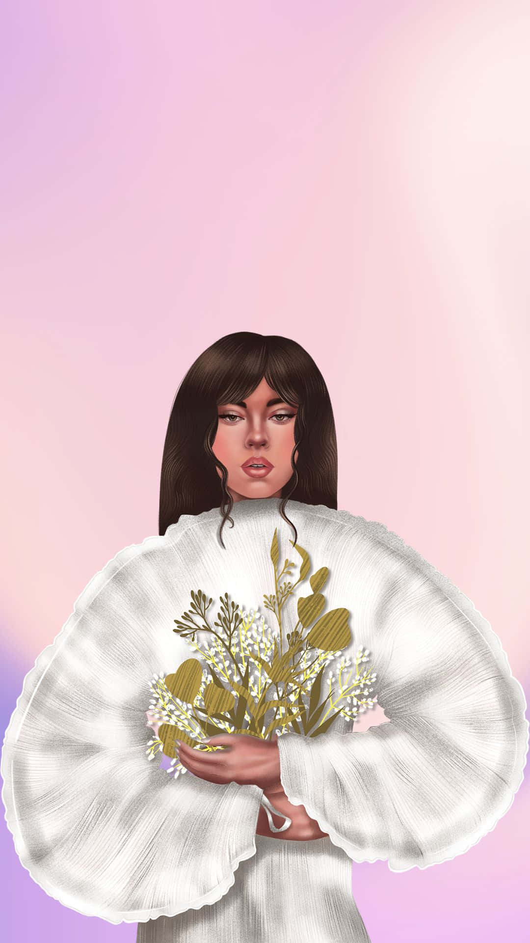 酷 桌布 壁紙 — 一幅數位插圖，描繪一位身穿白色荷葉邊連衣裙的女子，在柔和的粉紅與紫色漸層背景前，手持一束金色與白色的花束。