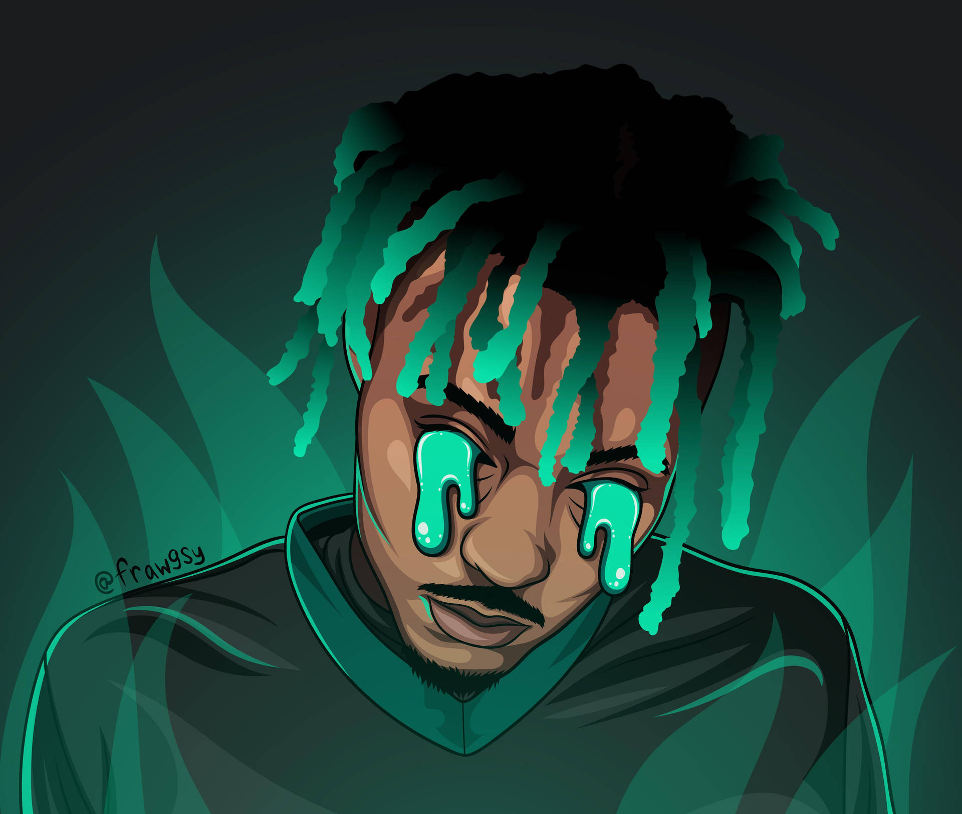 在深綠色數位插圖中，一個流著藍綠色眼淚、留著辮子頭的人。 — Juice Wrld 壁紙