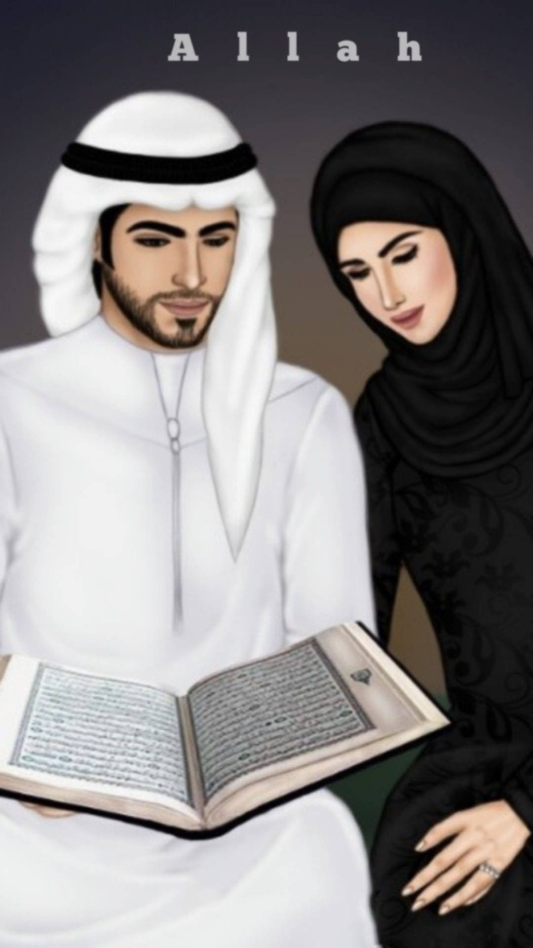 muslim 桌布 壁紙 — 一幅數位插圖，描繪一男一女穿著傳統伊斯蘭服飾一起閱讀《古蘭經》，上方寫有「阿拉」。