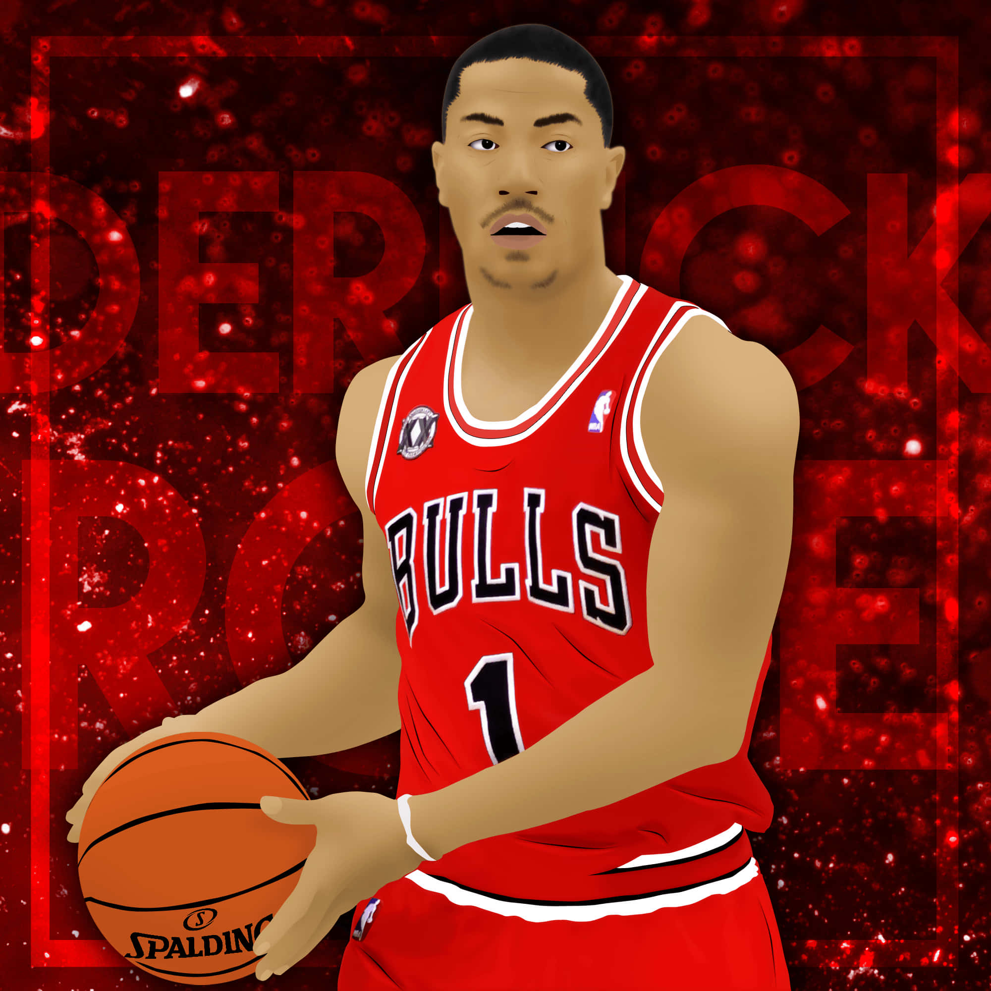 derrick rose 桌布 壁紙 — 一幅數位插圖，描繪籃球運動員戴瑞克·羅斯身穿紅色公牛隊球衣，在閃爍的紅色背景前手持斯伯丁籃球。