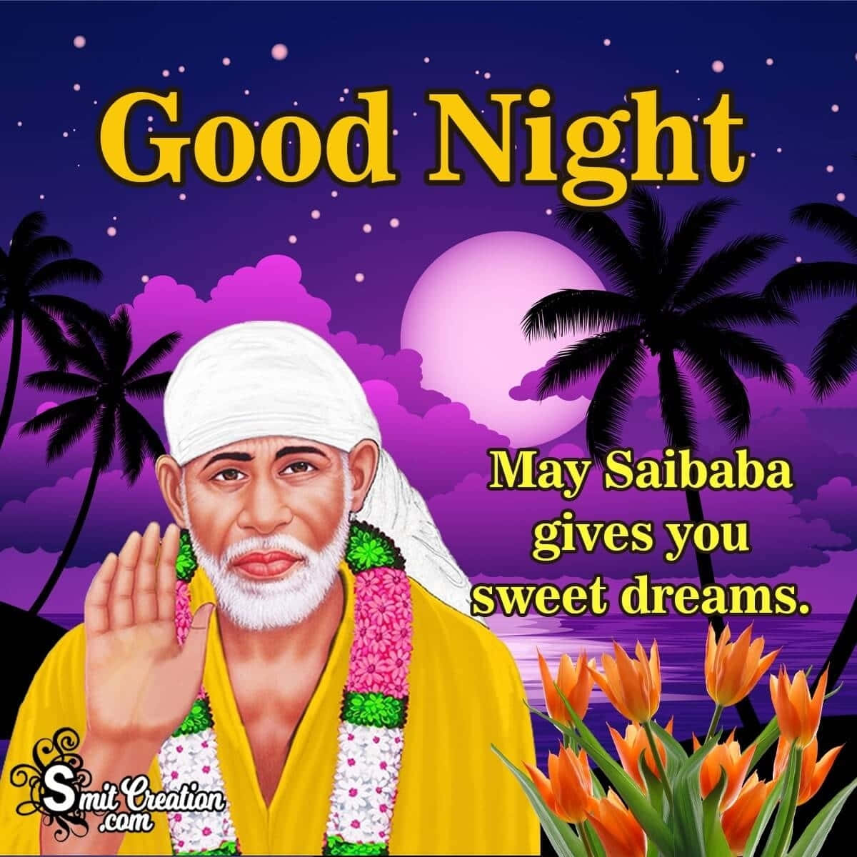 Indian 桌布 壁紙 — 一幅數位插圖，描繪賽巴巴在紫色夜空下揮手，背景有棕櫚樹和橙色鬱金香。